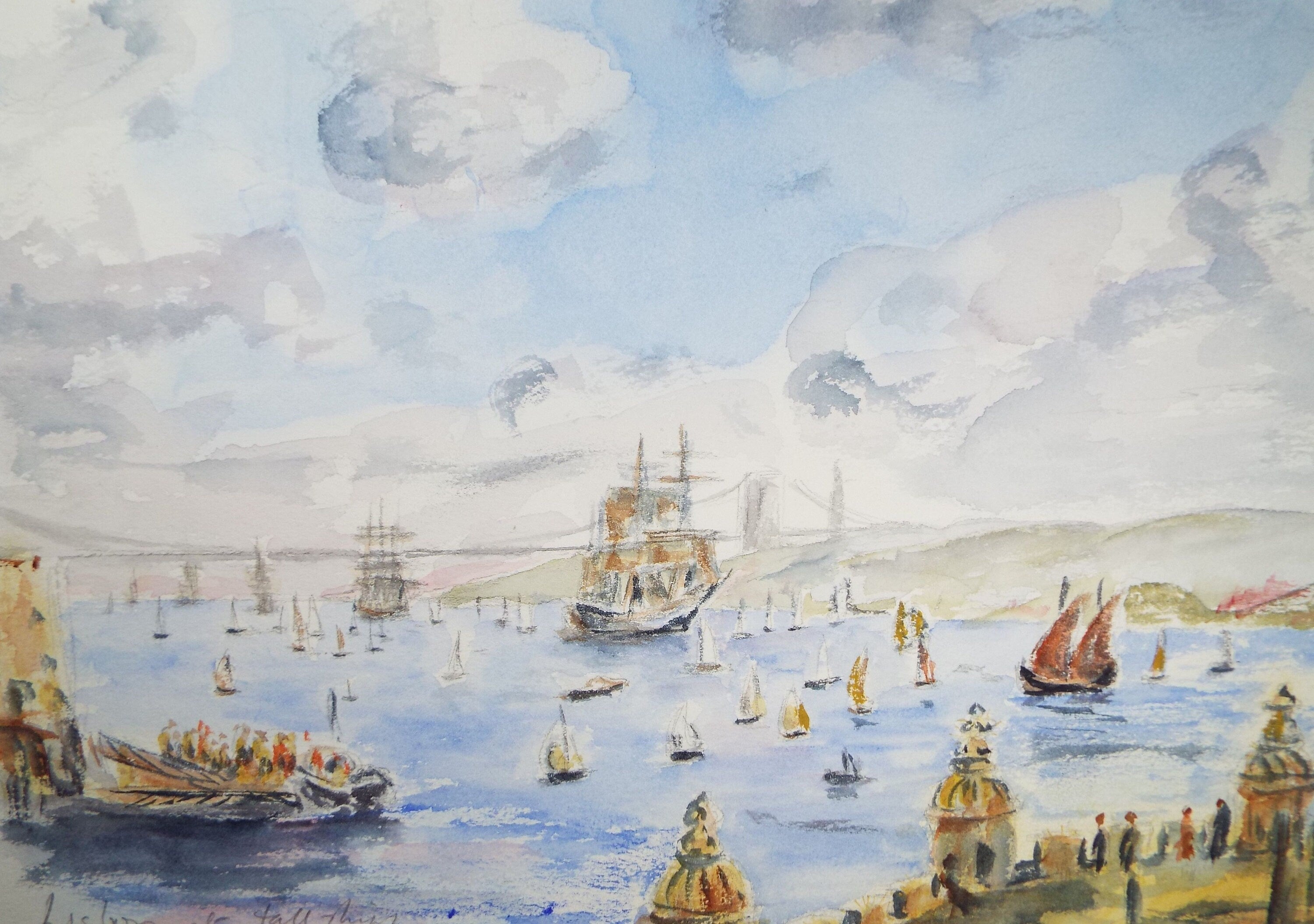 Original Watercolour, 'Lisbon at the Tall Ships sailing' circa 1990's ', Artist Unknown