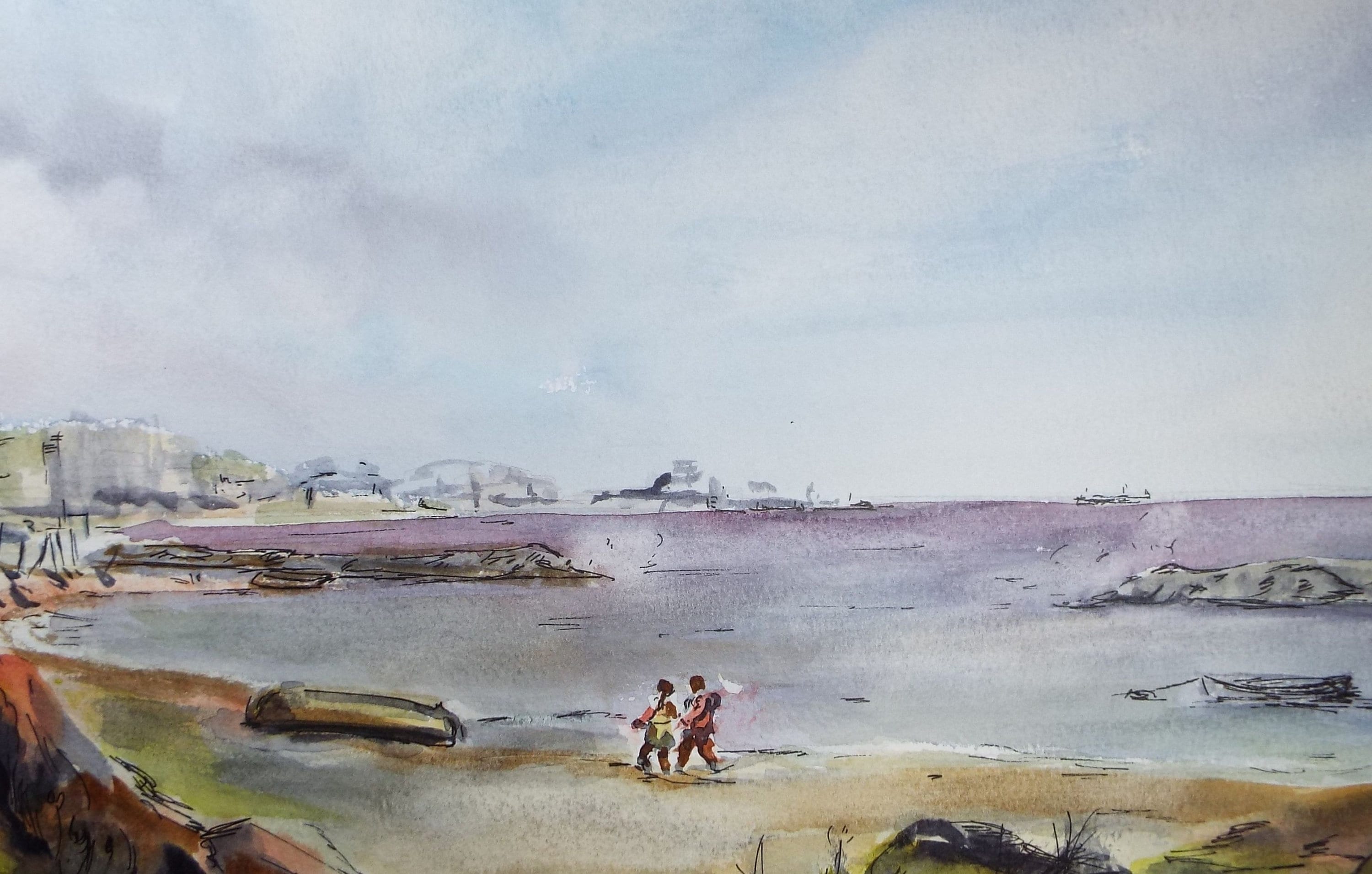 Original watercolour on paper, 'Figures on the Beach', circa 1990's, Artist Unknown