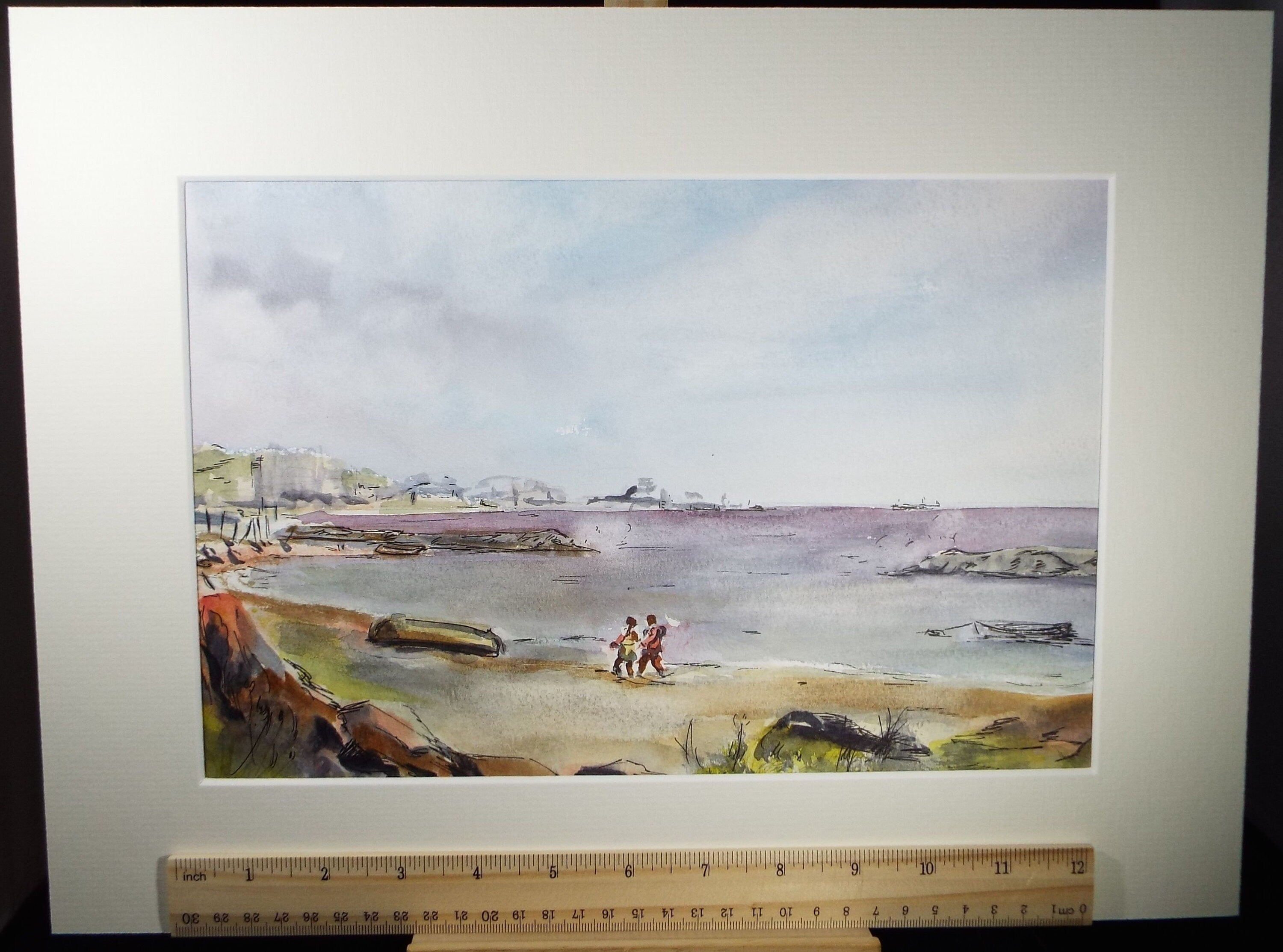 Original watercolour on paper, 'Figures on the Beach', circa 1990's, Artist Unknown