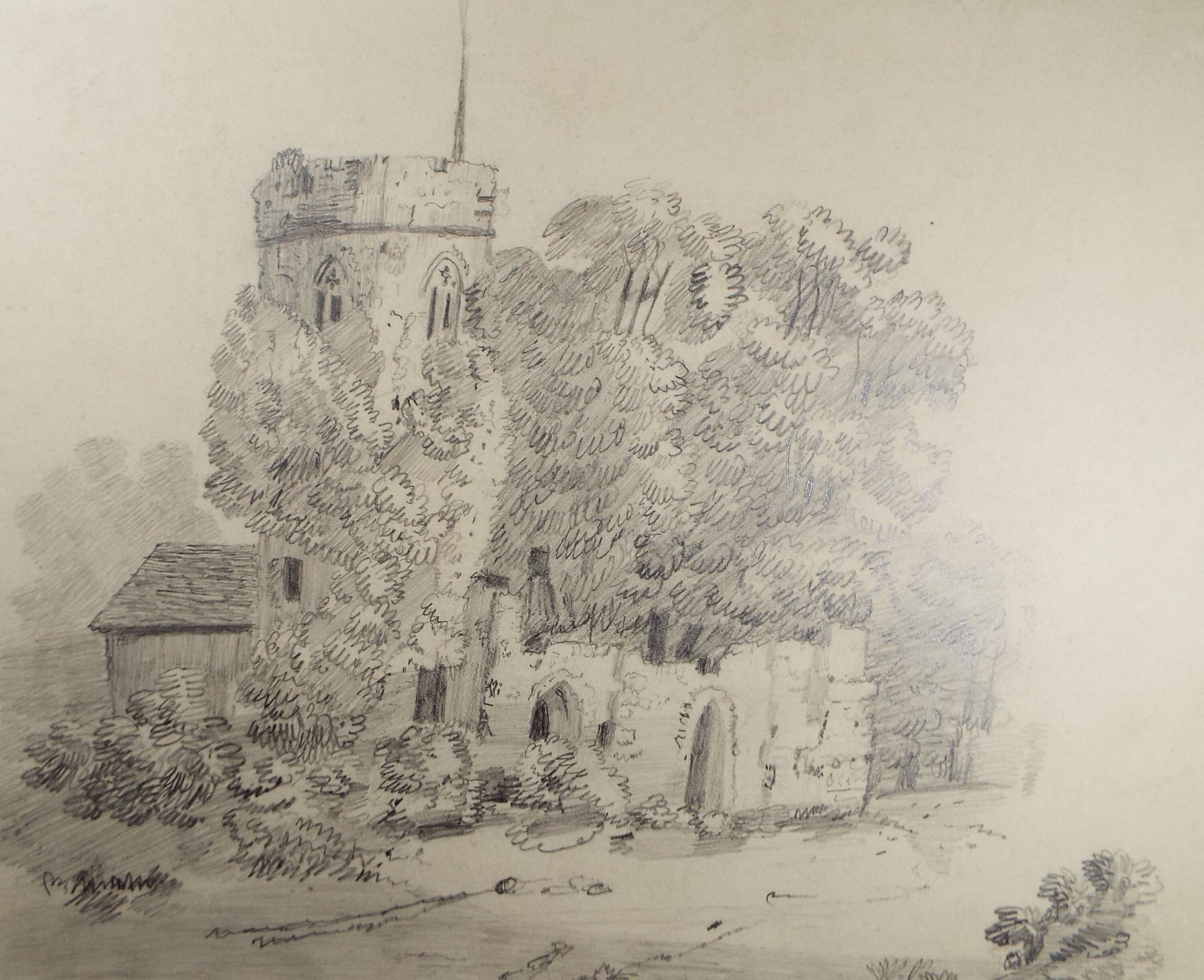 Original Pencil drawing , 'Ruined Church', Late 19th Century, artist unknown