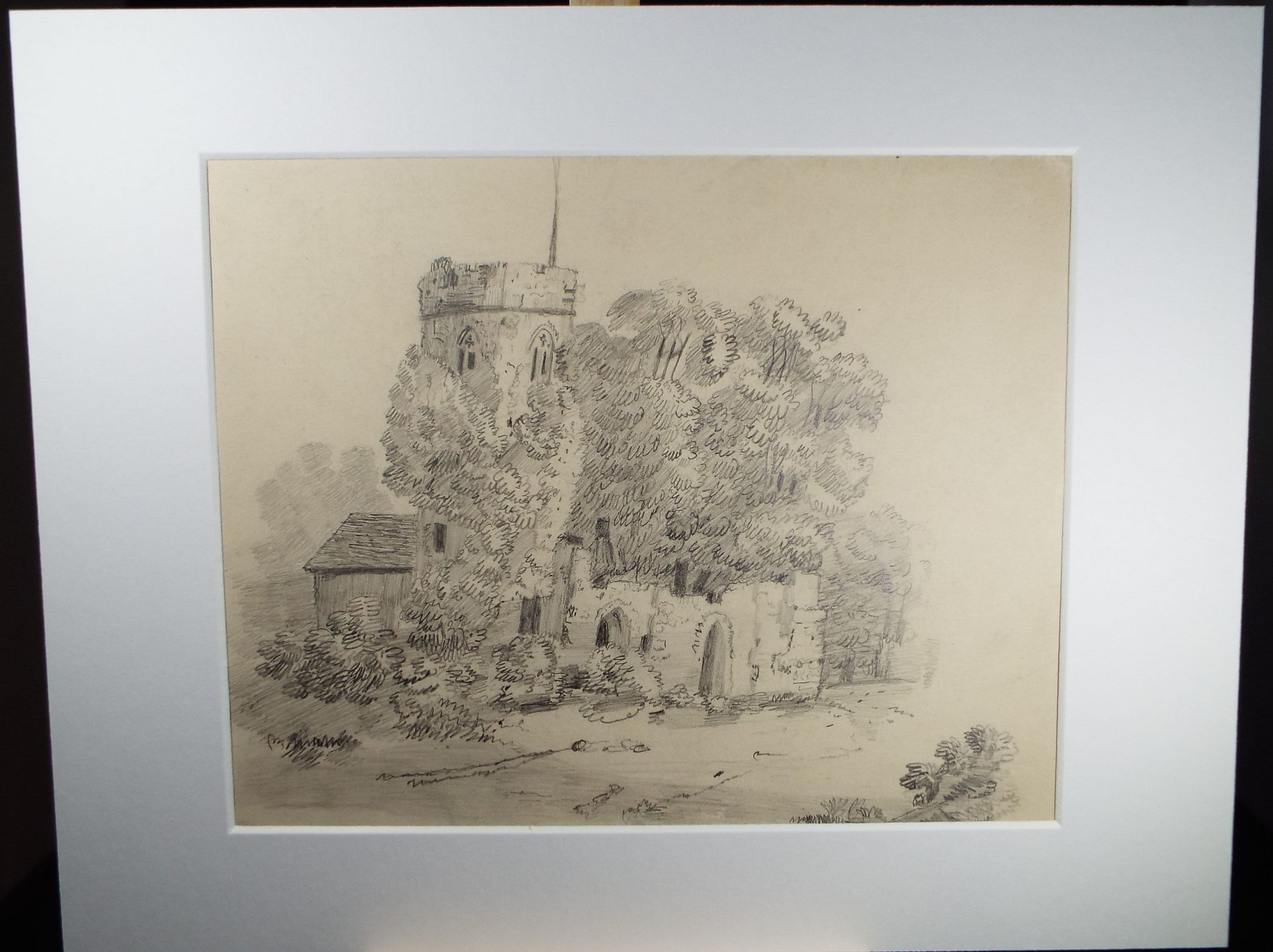 Original Pencil drawing , 'Ruined Church', Late 19th Century, artist unknown