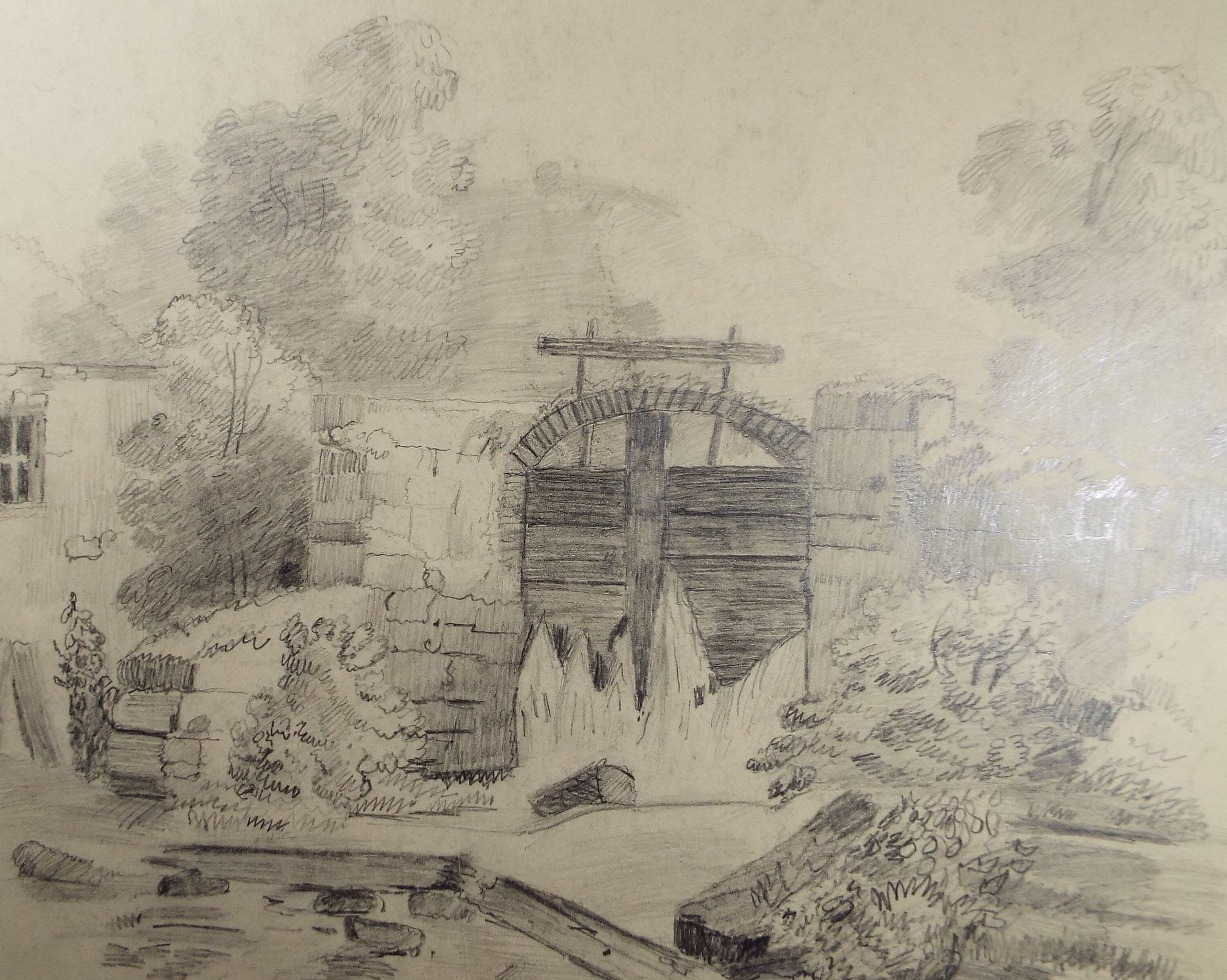 Original Pencil Drawing, 'Canal Sluice', Late 19th Century, Artist Unknown