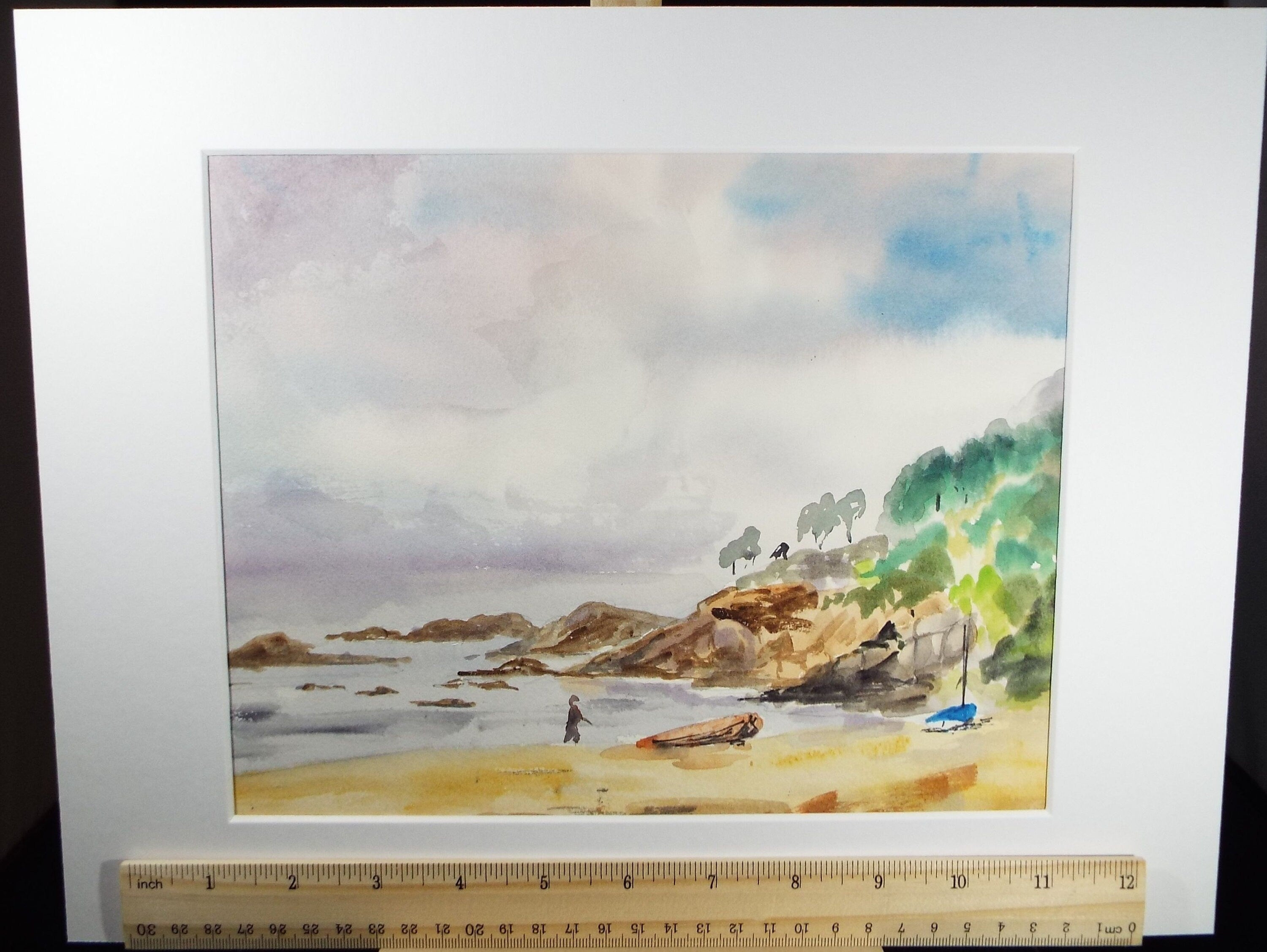 Original watercolour on paper, 'Figures on the Beach', circa 1990's, Artist Unknown