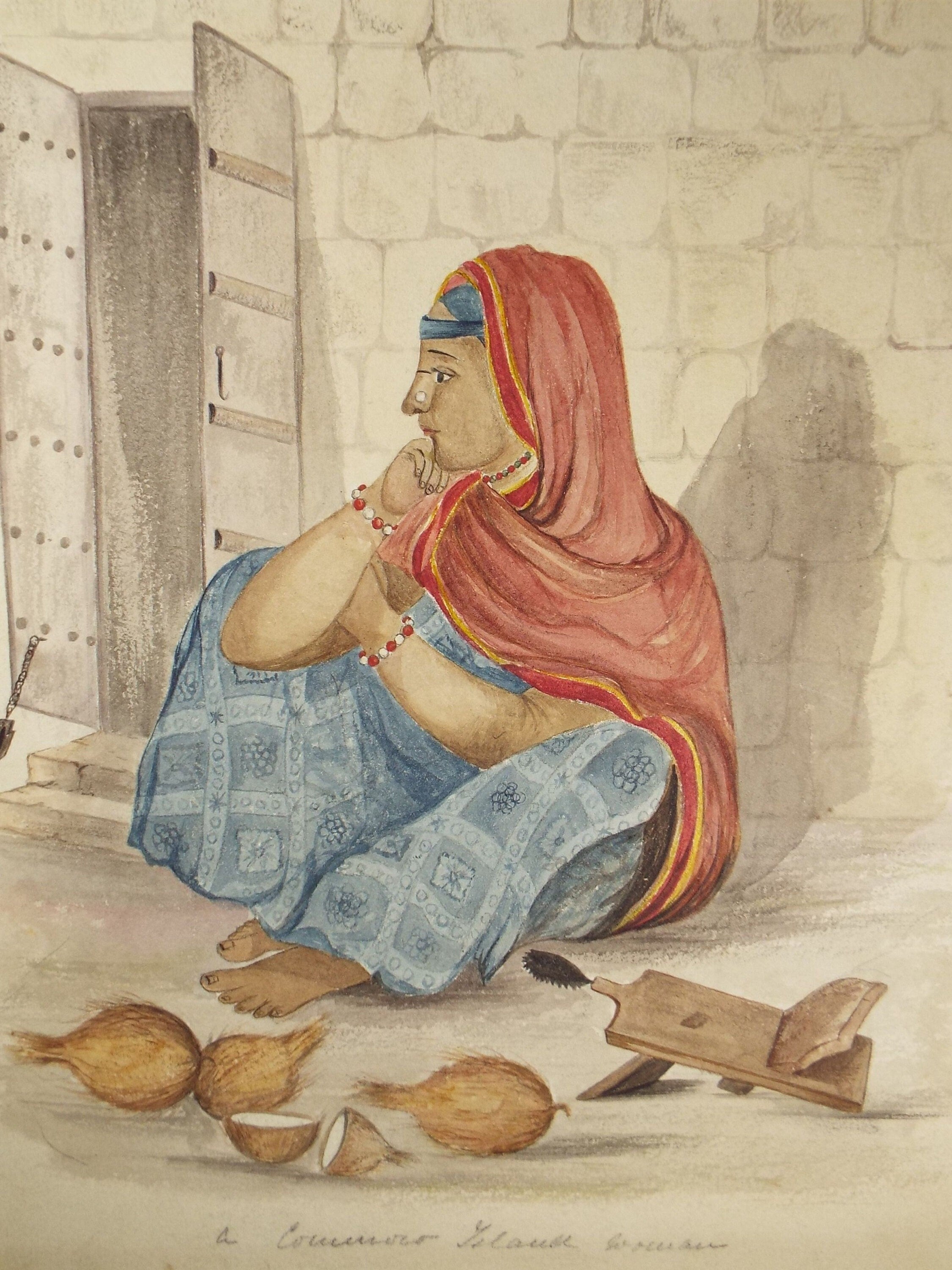 Original Watercolour , 'Seated woman with coconuts', Early 20th Century, Artist Unknown