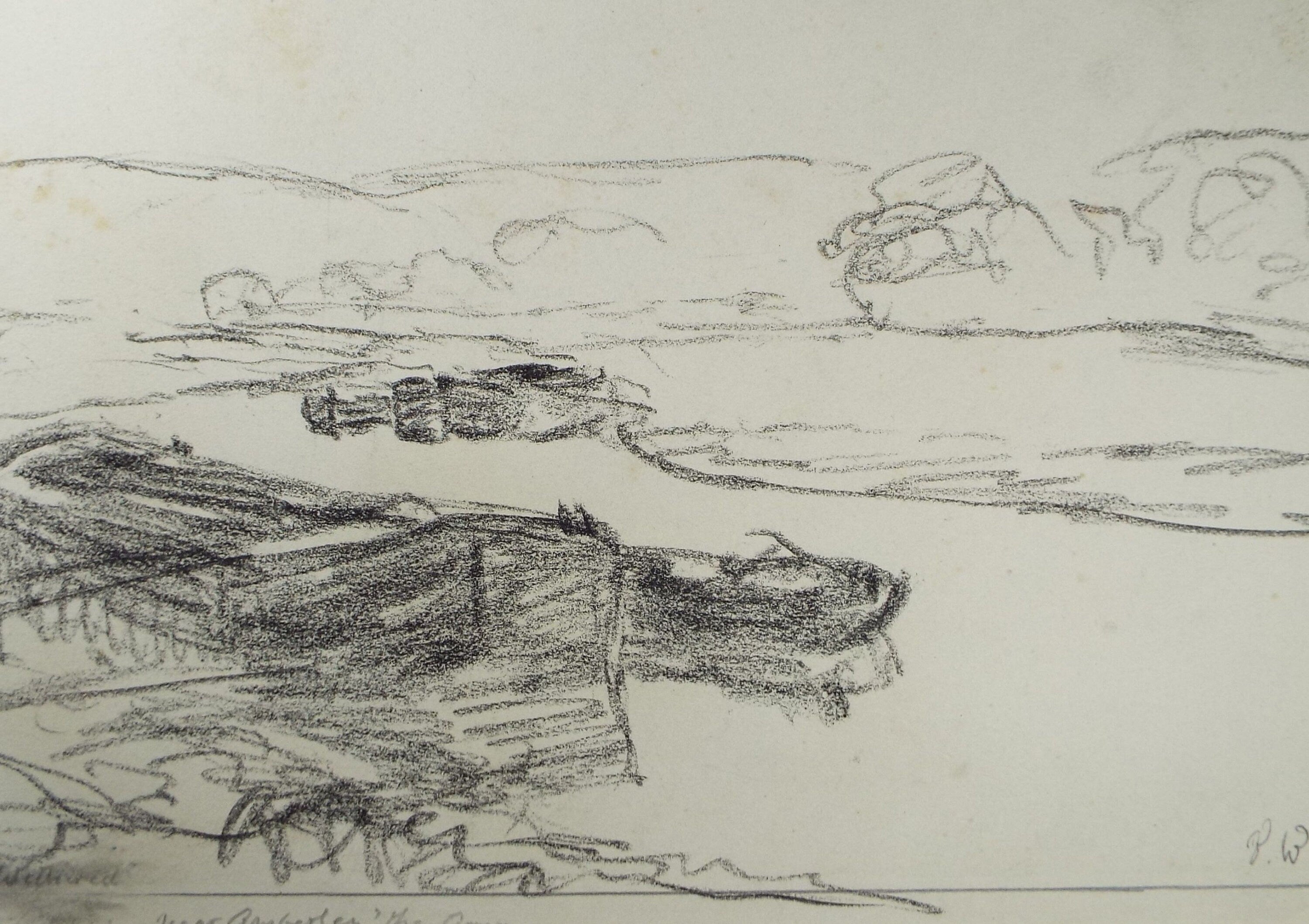 Original Conte Drawing, 'River Arun near Amberley', circa 1950's , initialled P W