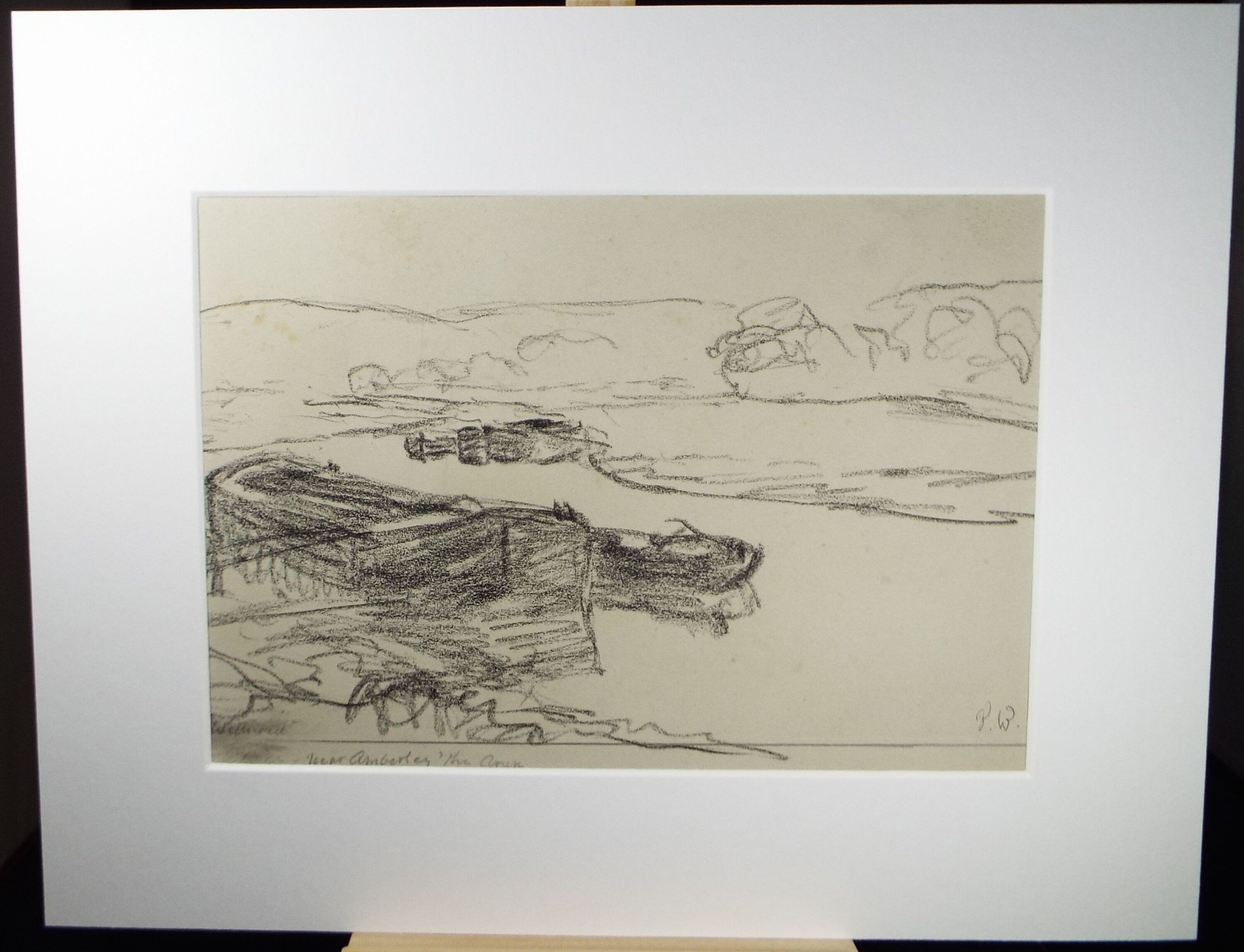 Original Conte Drawing, 'River Arun near Amberley', circa 1950's , initialled P W