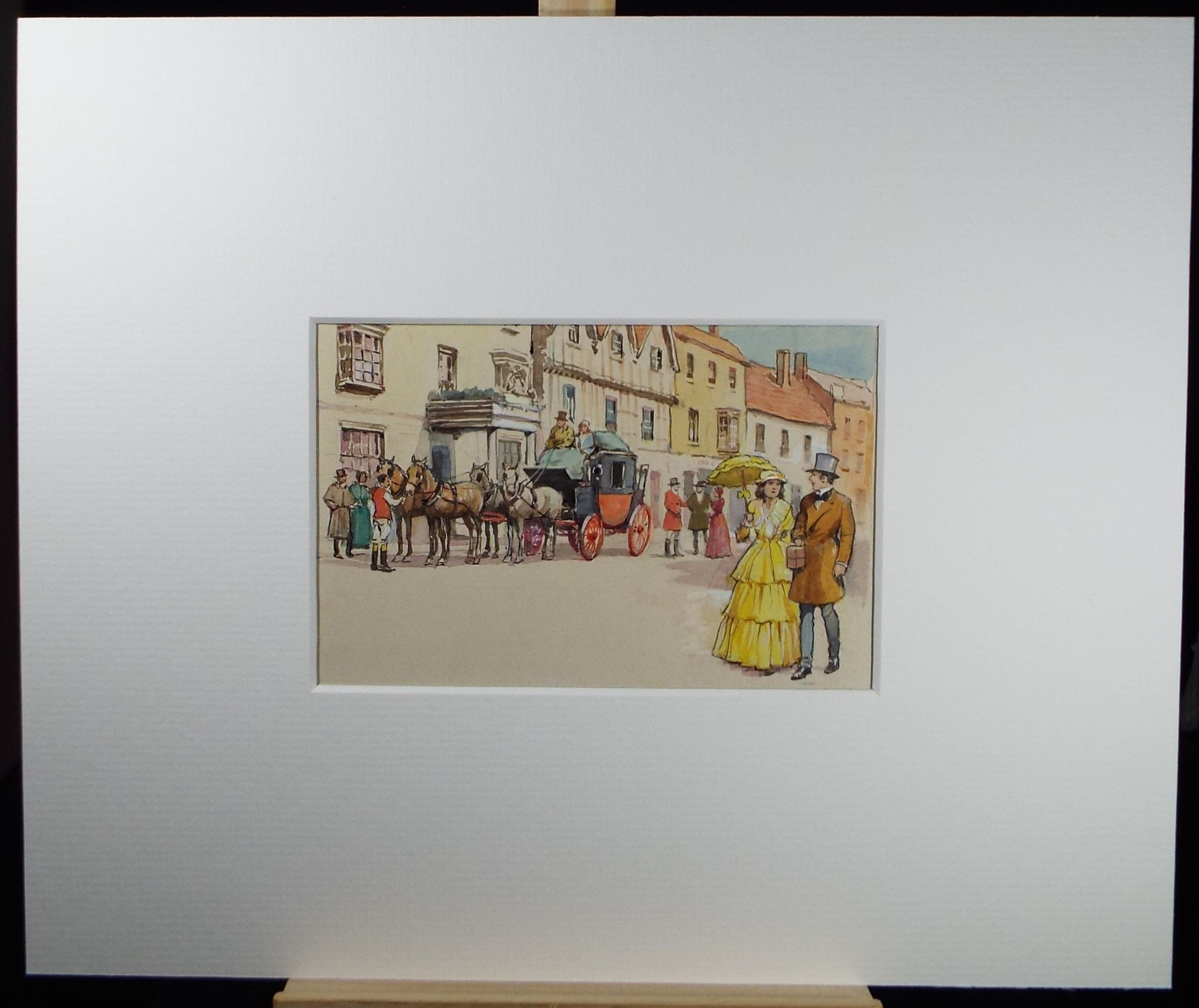 Original Watercolour, 'Mail Coach with figures', Mid 20th Century, Artist Unknown