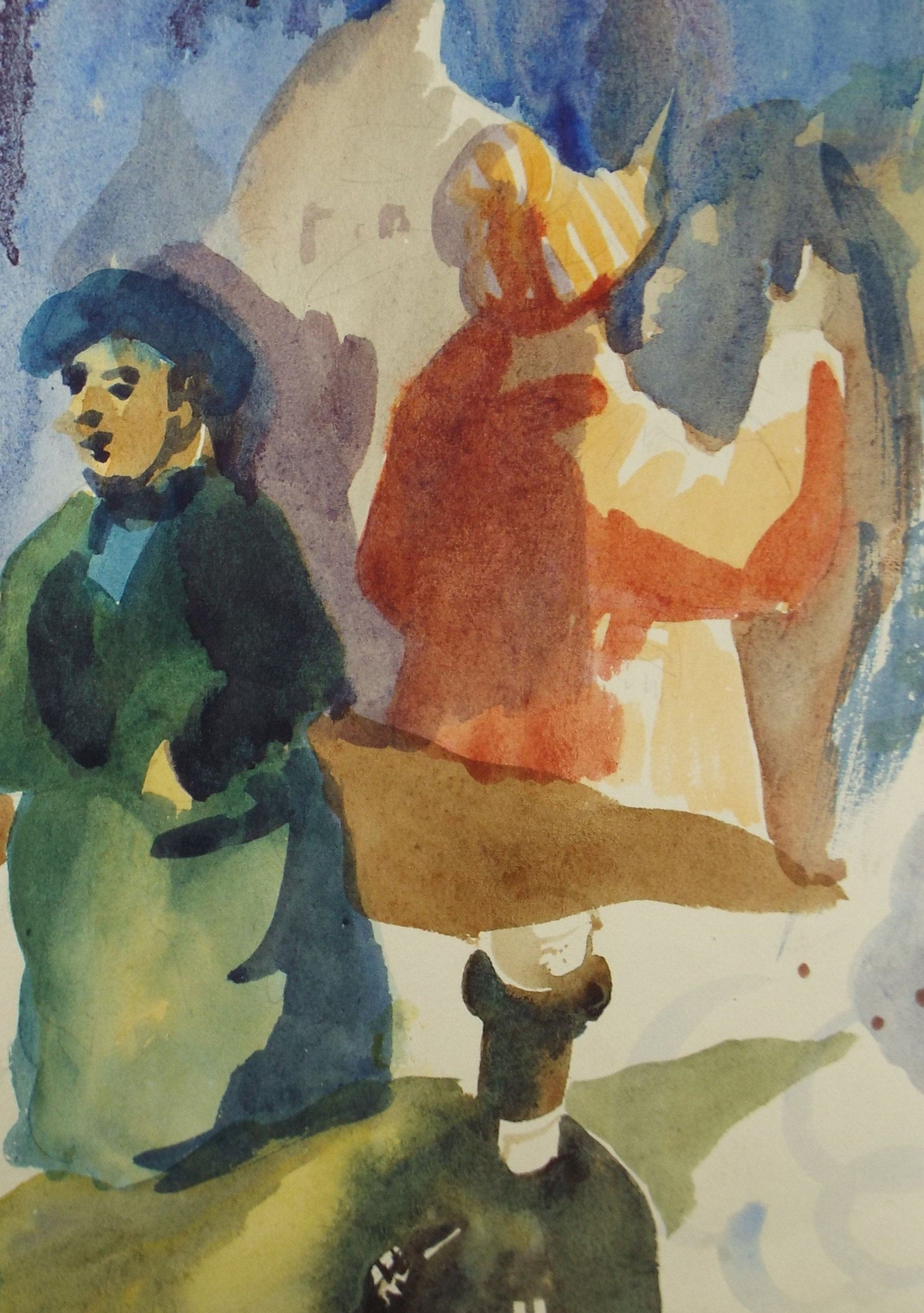 Original Watercolour, 'Figures with a bottle', Circa 1950's, William D Clyne (1922-1981)