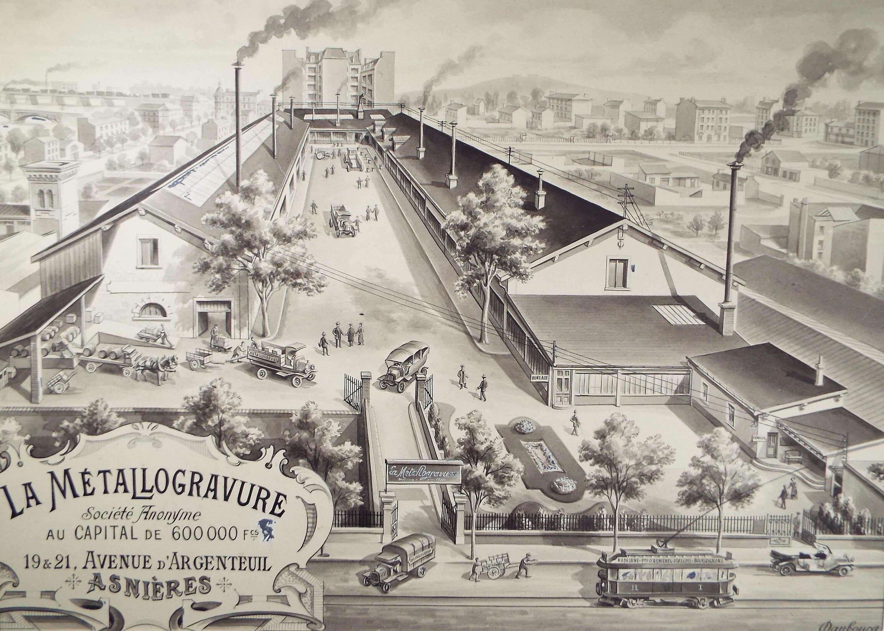 Original Pen and ink Poster, 'La Metallogravure, Anieres', Dated 1918, Danbourg (20th Century) French