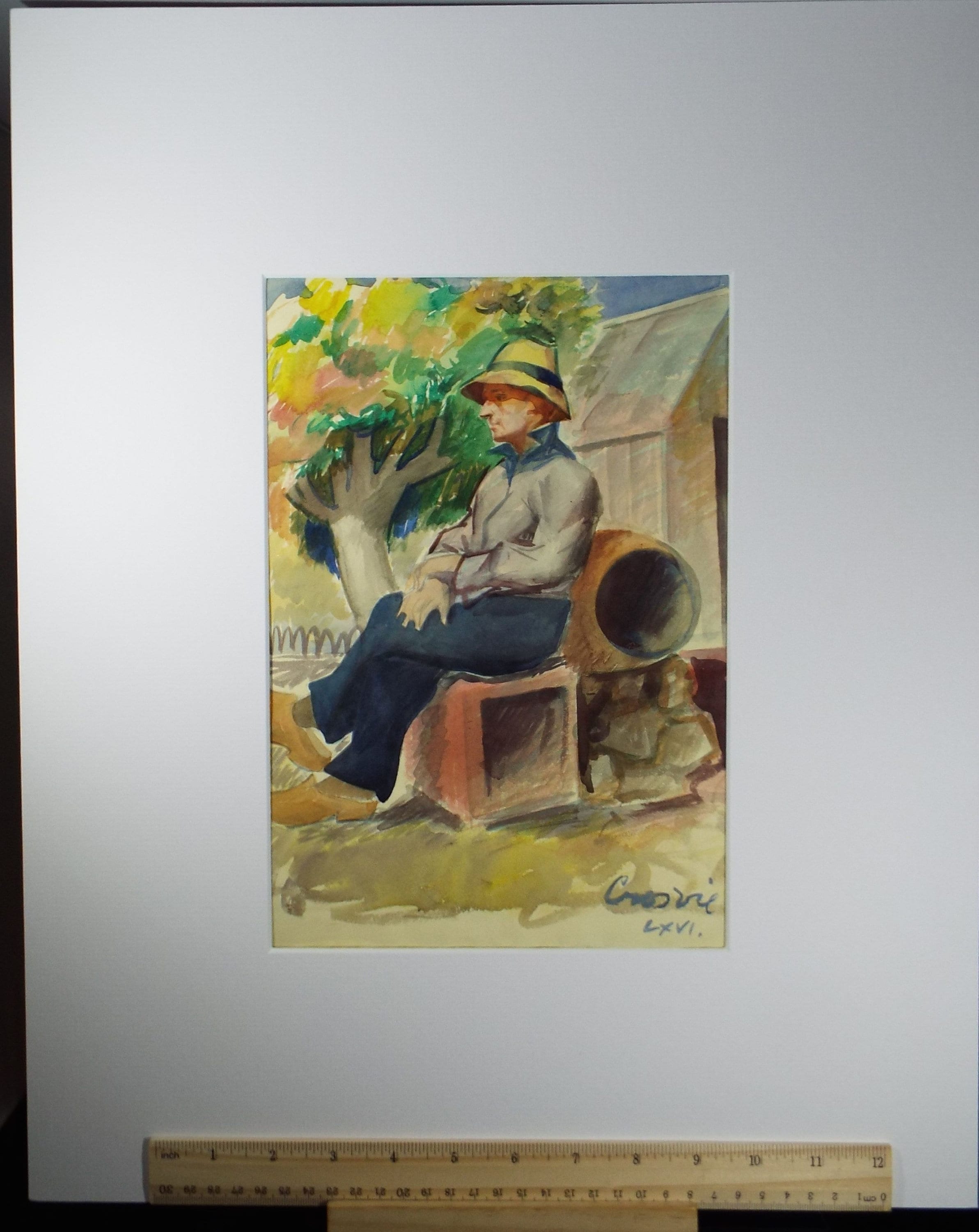 Original Watercolour, 'Seated figure by the Potting Shed', William Crosbie RSA, RGI (1915-1999), Dated 1966