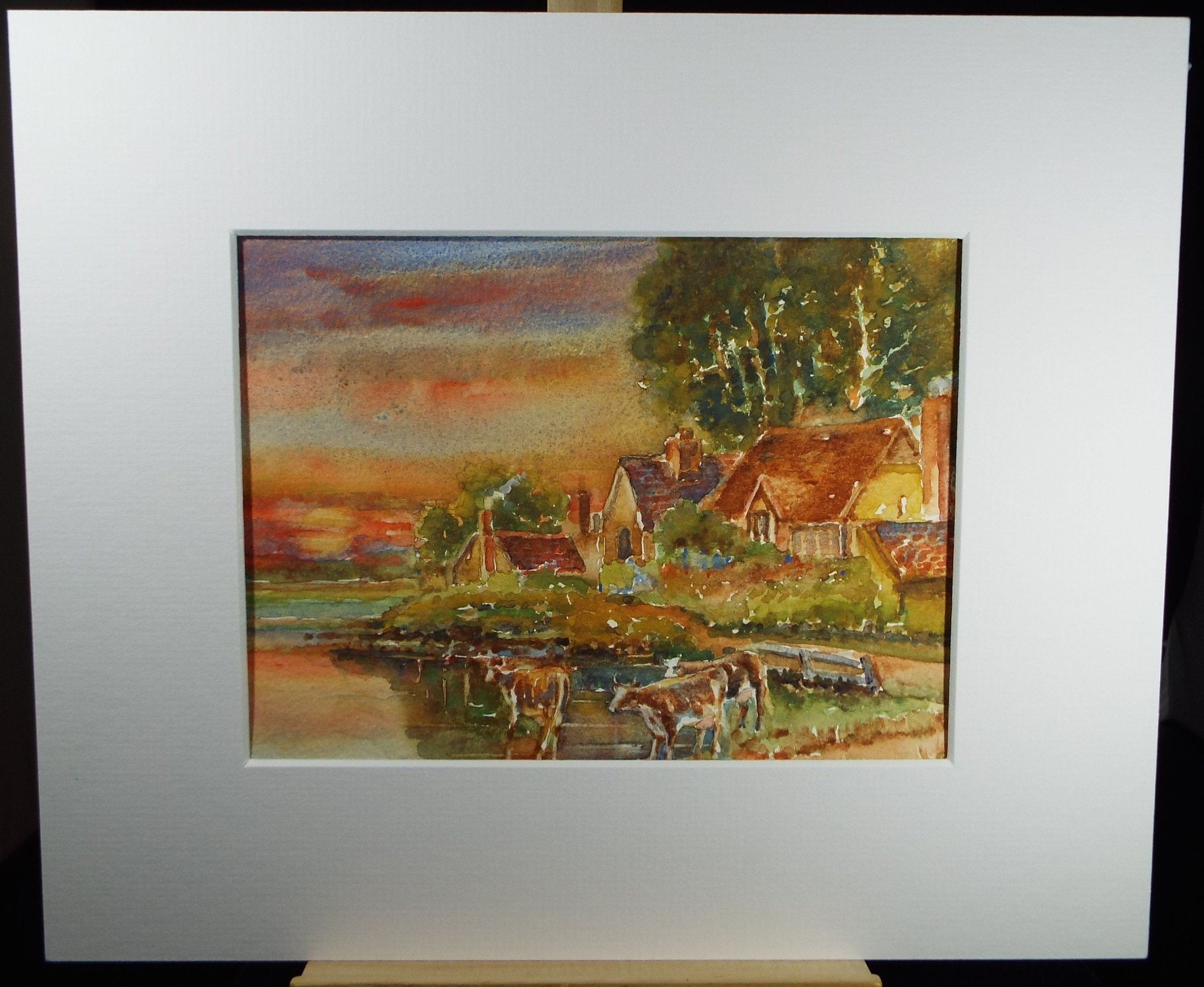 Original Watercolour, 'River with cottages and cattle' c1950's, Artist Unknown