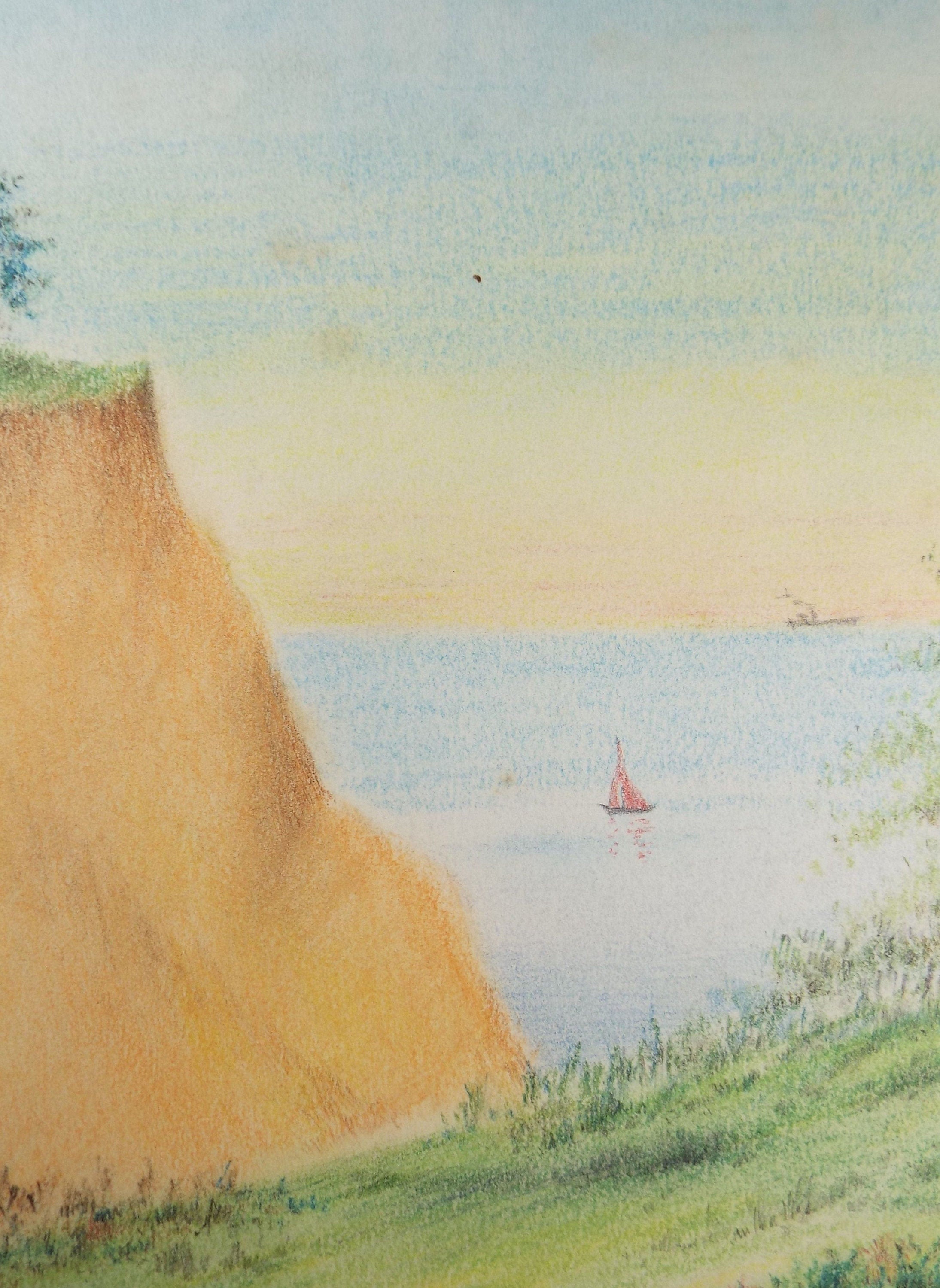 Original Pastel Drawing,'Sea Cliffs with Boats beyond', circa 1950's, A Simmons