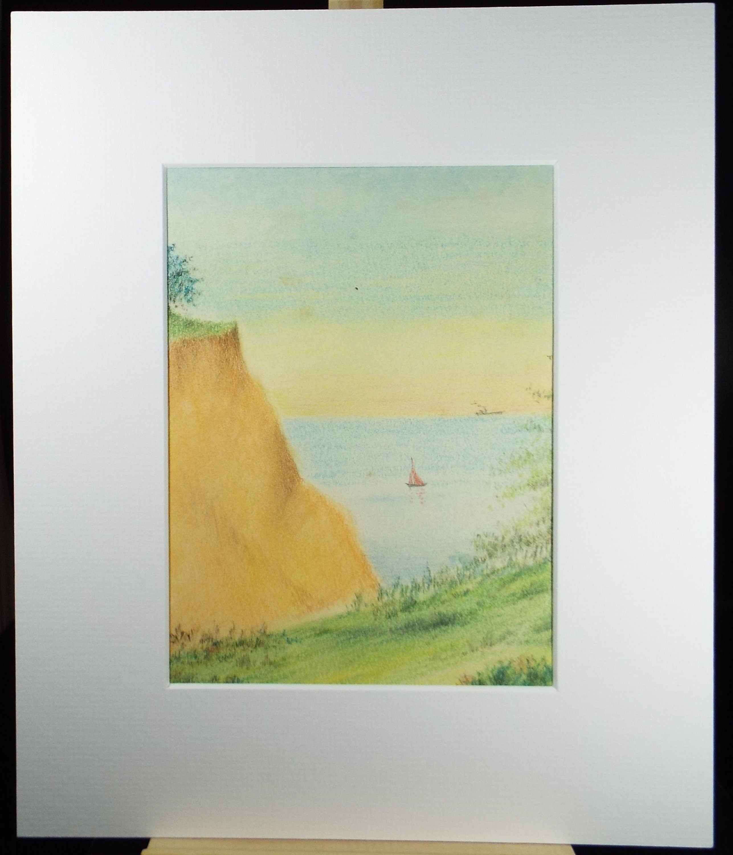 Original Pastel Drawing,'Sea Cliffs with Boats beyond', circa 1950's, A Simmons