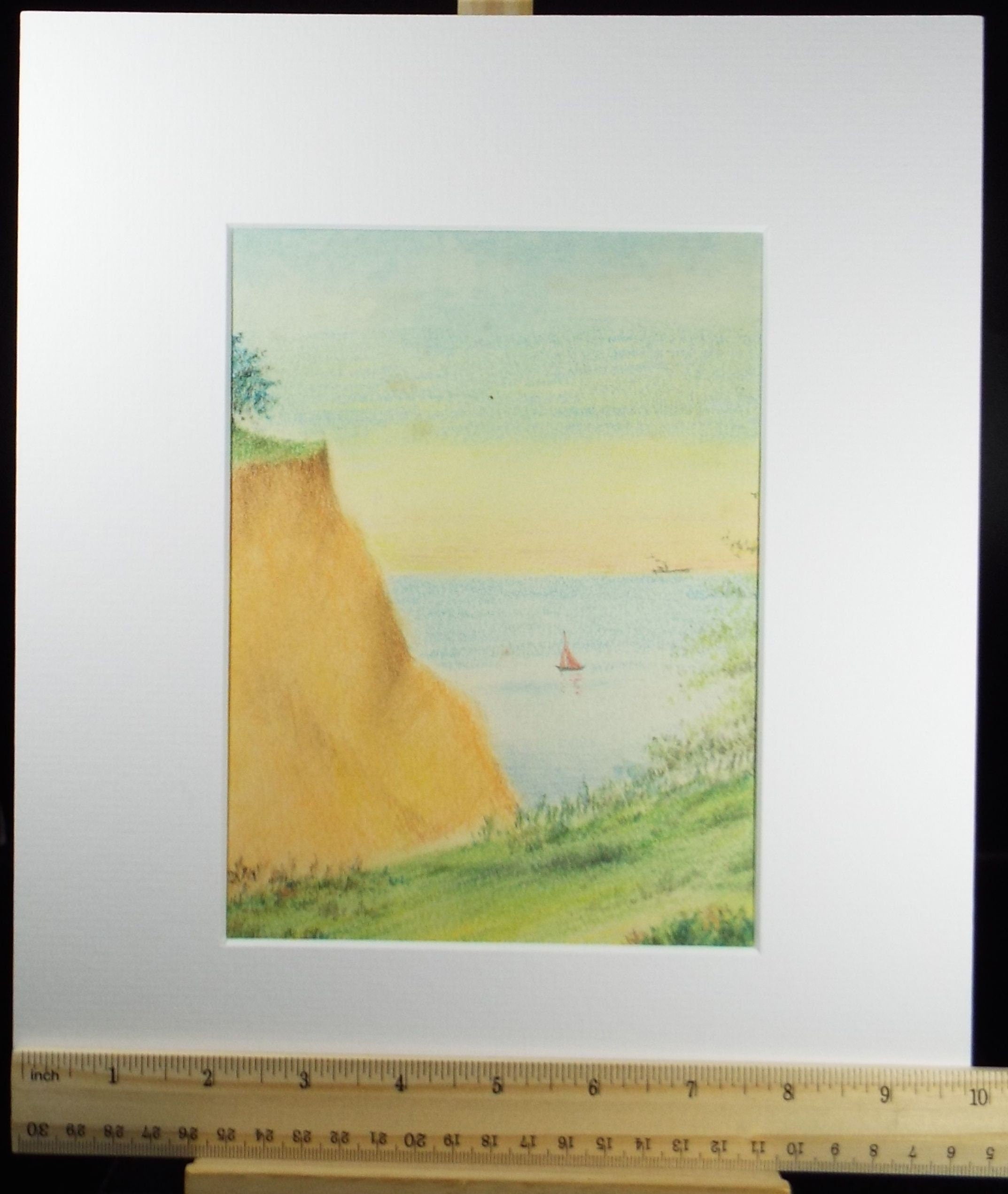 Original Pastel Drawing,'Sea Cliffs with Boats beyond', circa 1950's, A Simmons