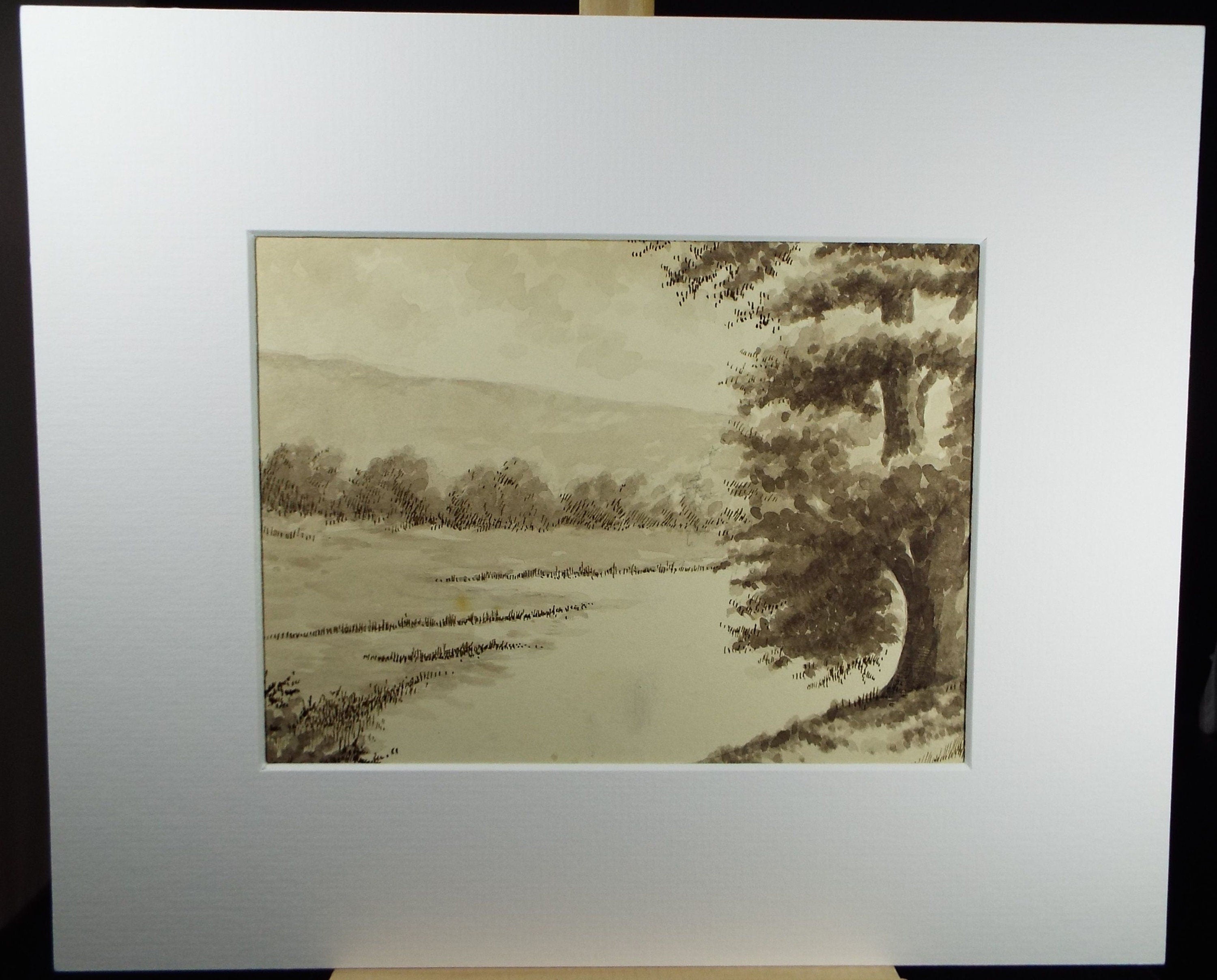 Original Ink & Wash, 'River with wooded riverbank', A Simmons, Circa 1940's