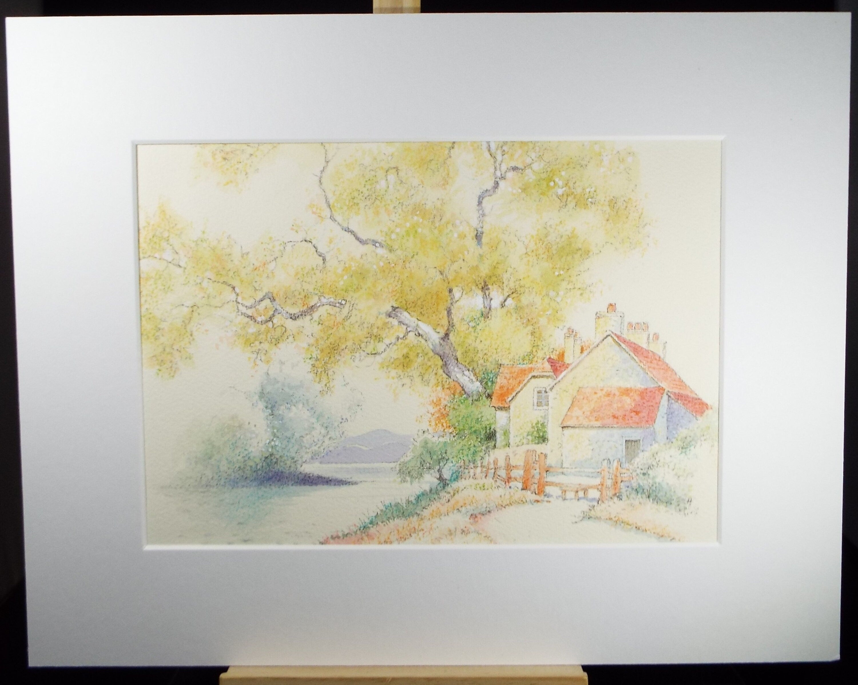 Original pastel drawing, 'Cottage by the River', Circa 1970's, Unknown Artist