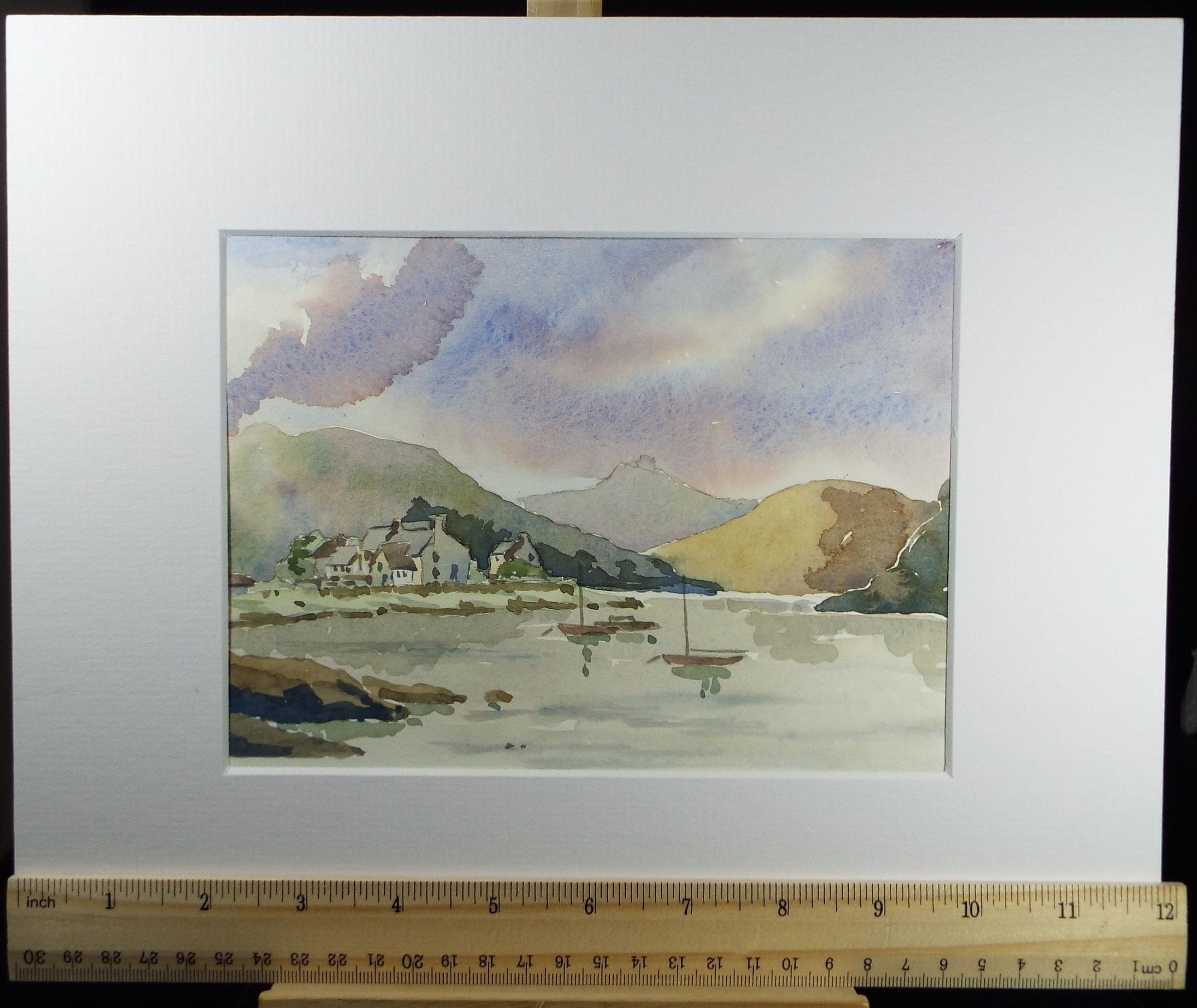 Original Watercolour, 'Lake with cottages and moored boats', c1990's, Unknown Artist