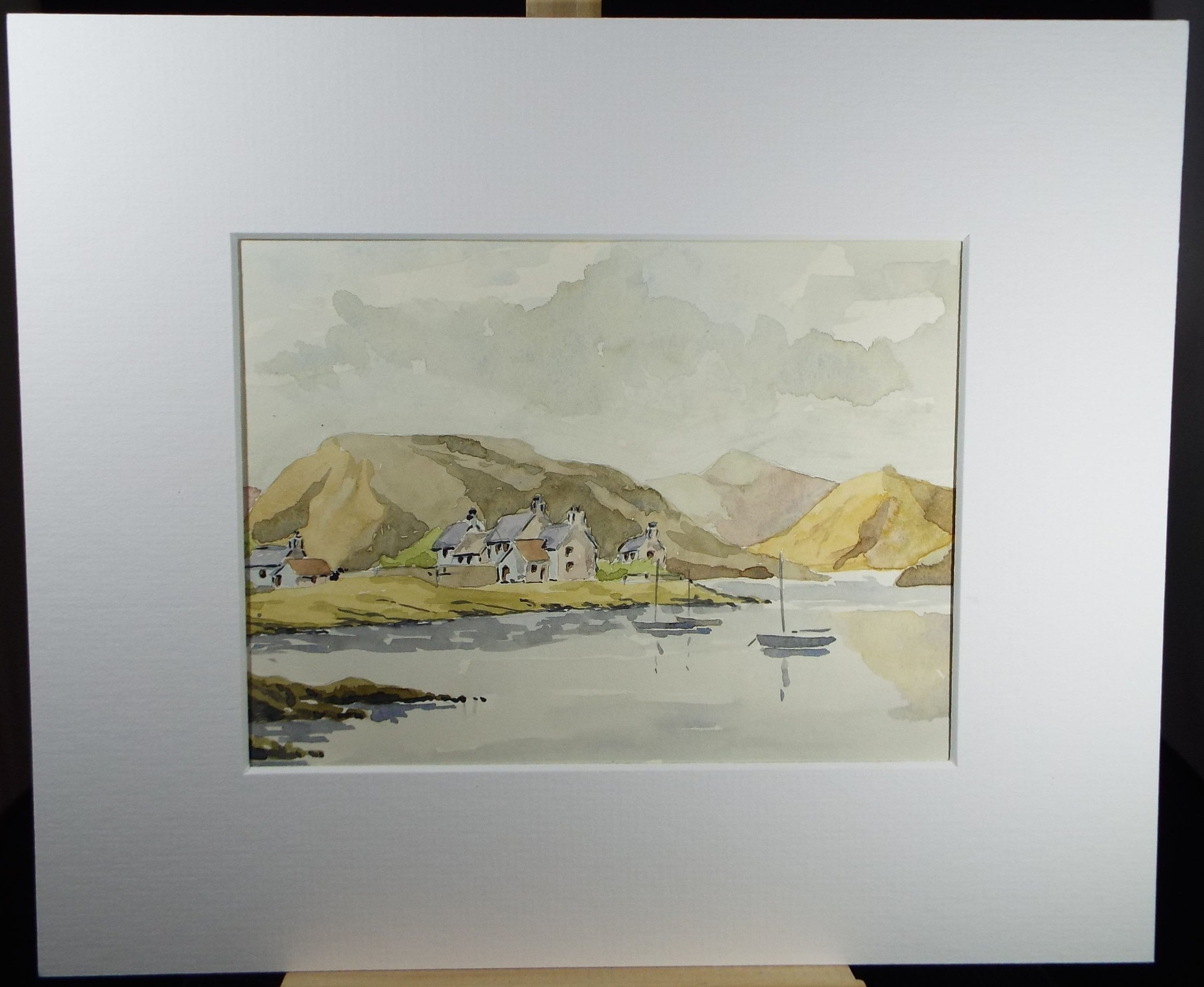 Original Watercolour, 'Lake with cottages and Hills', c1990's, Unknown Artist