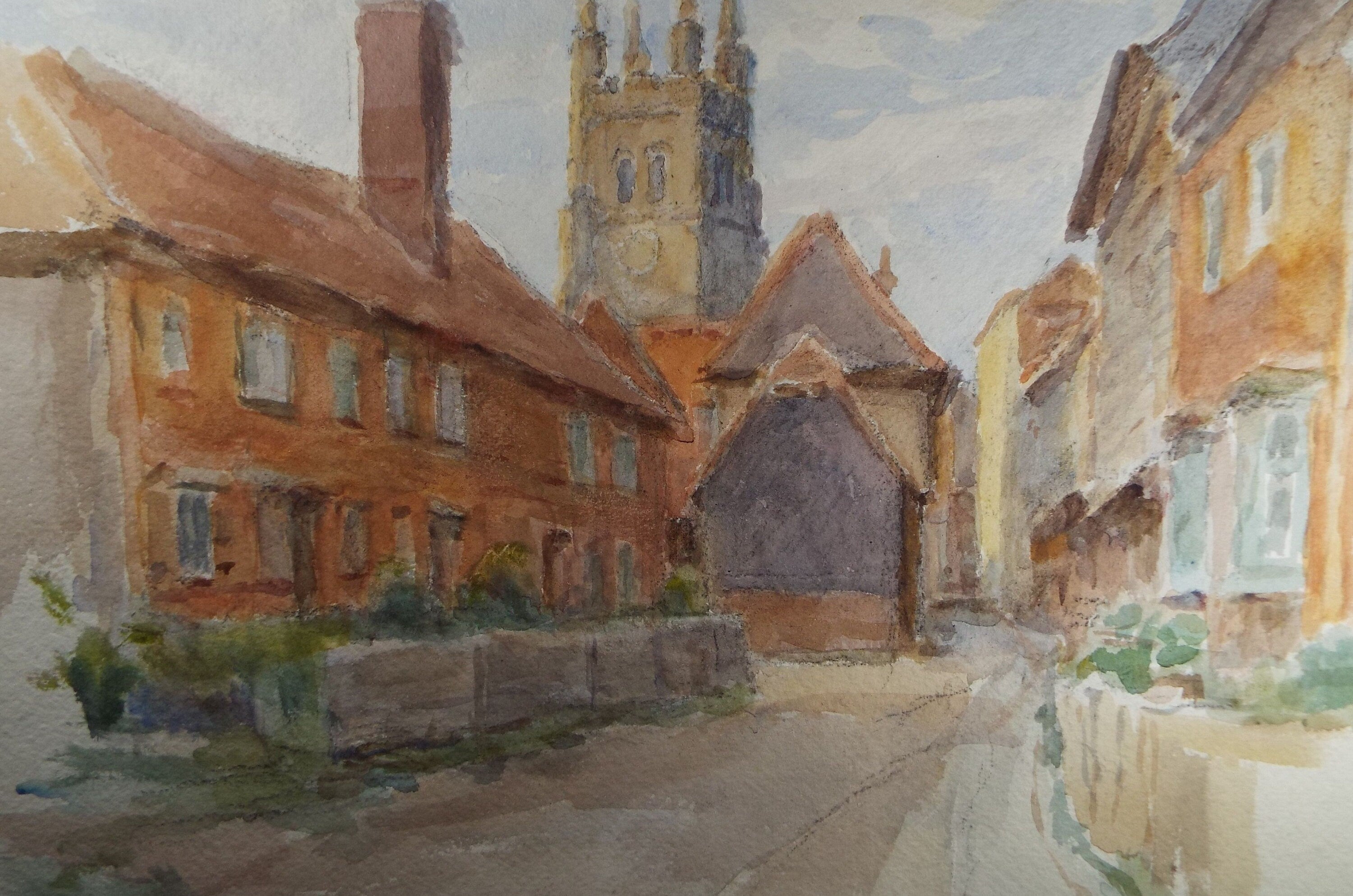 Original Watercolour, 'Town Street with Church', Circa 1950's, C R Chase (1898-1988)