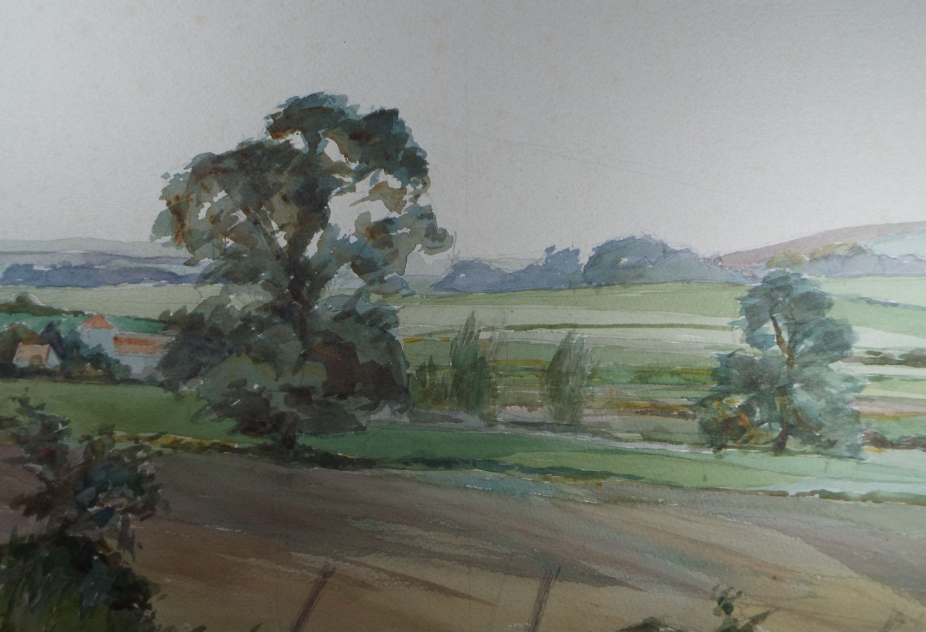 Original Watercolour on Paper, 'Landscape with ploughed field', C R Chase (1893-1988), Circa 1950's