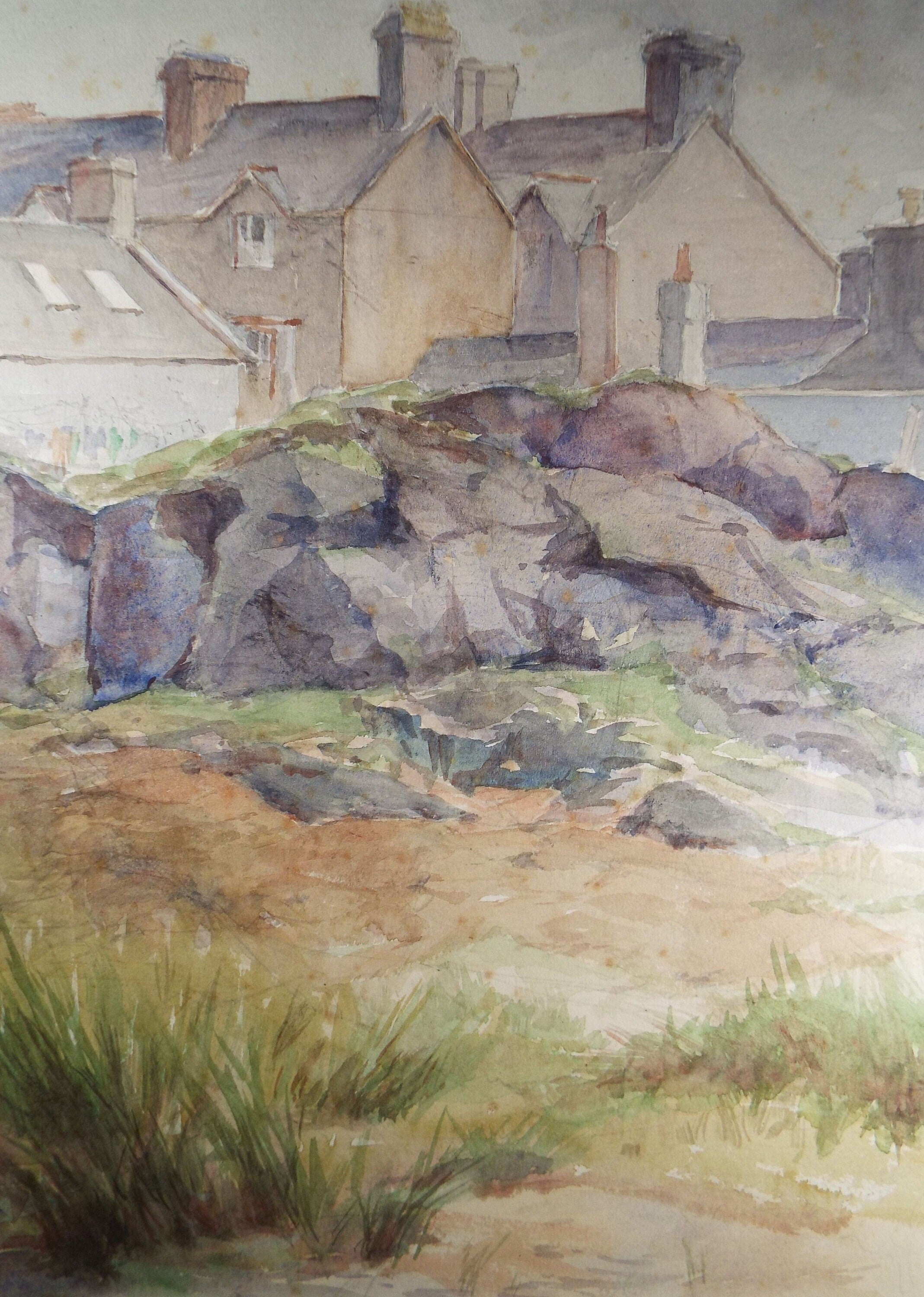 Original Watercolour, 'Housing with rocky outcrop', Circa 1950's, C R Chase (1893-1988)