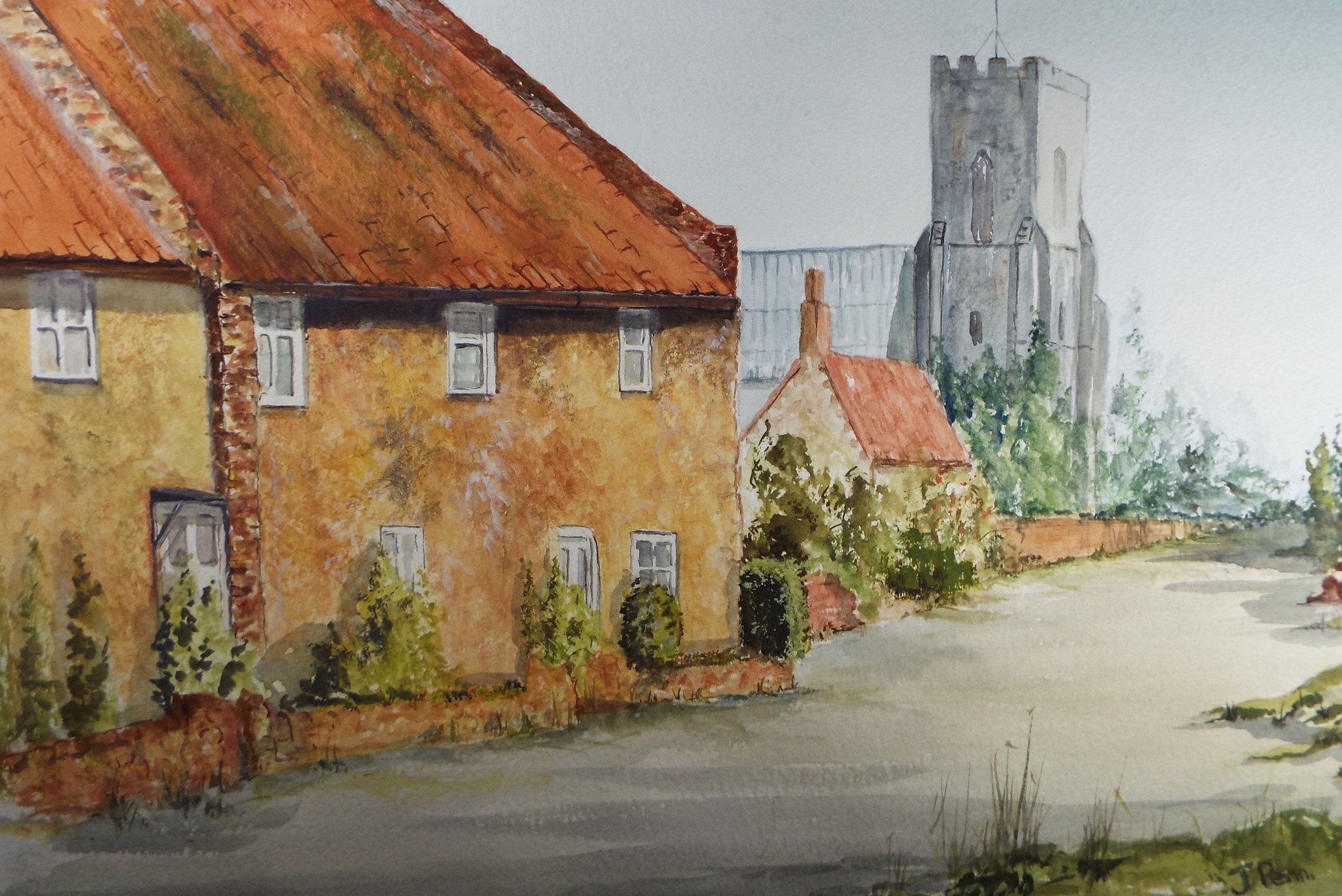 Original Watercolour, 'Village Street with Church', Circa 1990's, Artist unknown