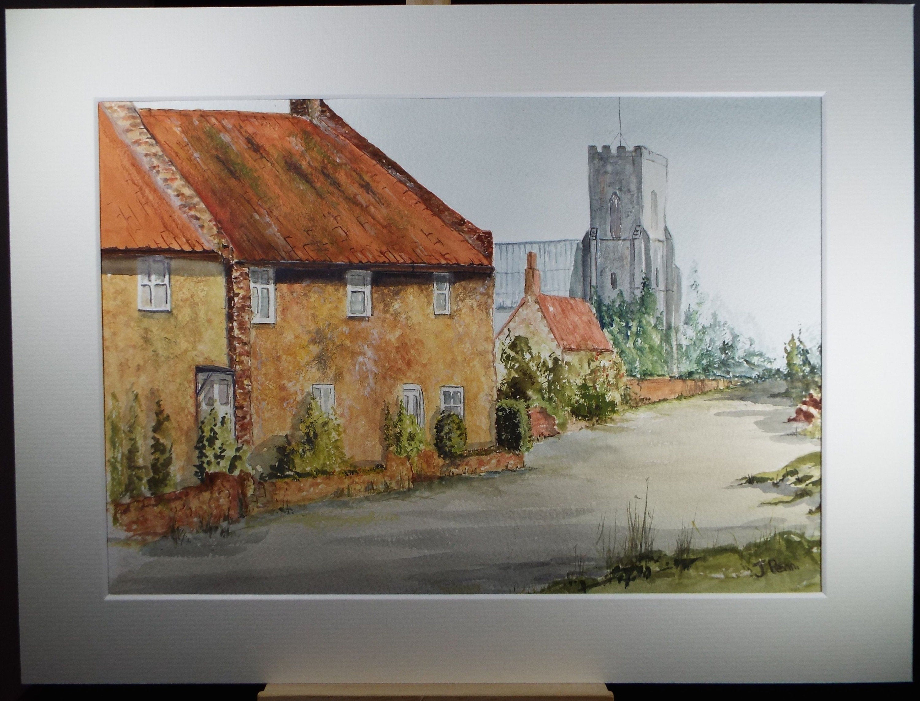 Original Watercolour, 'Village Street with Church', Circa 1990's, Artist unknown