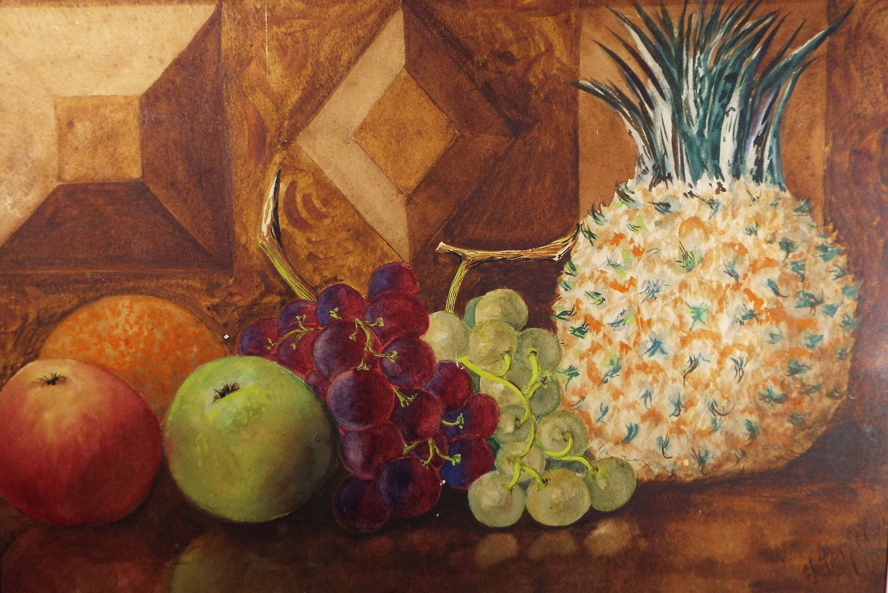 Original Watercolour, 'Still Life of Fruit', Dated 1950, A Gray Wall