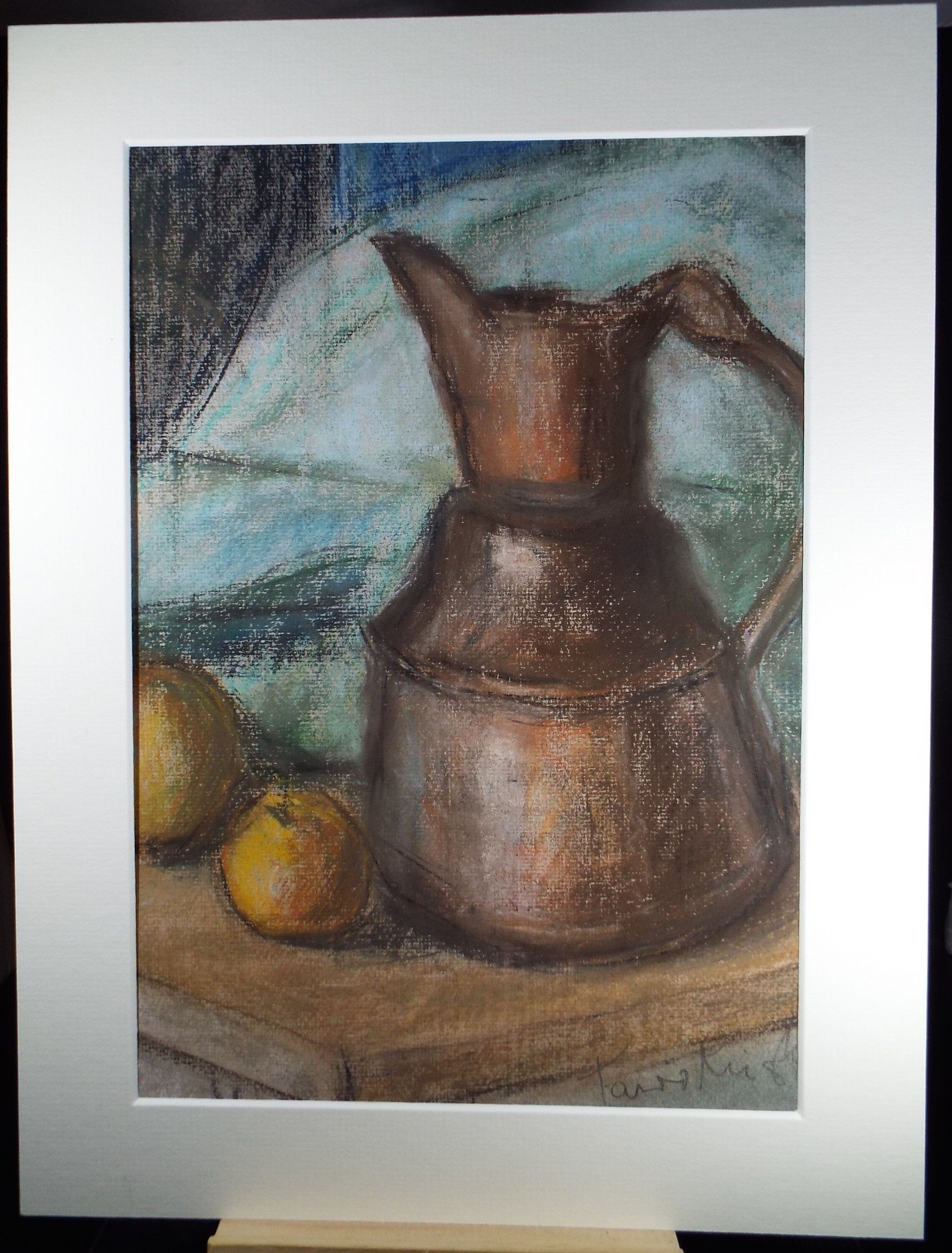 Original Pastel Drawing, 'Still life of jug and fruit', circa 1970's , Paivio Knighton (active 1968-c1986)