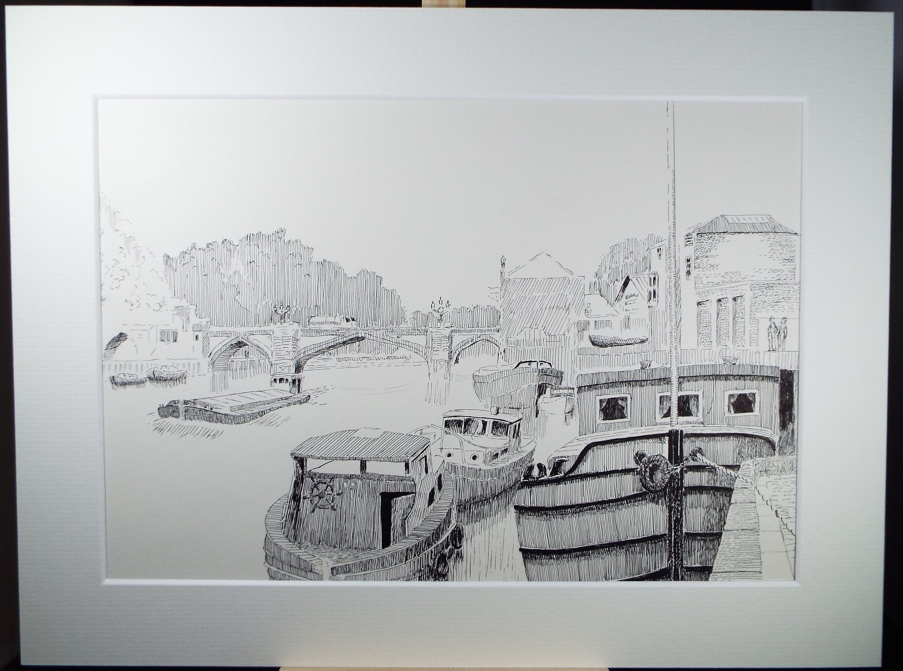 Original pen and ink, 'Houseboats on the River', circa 1980, E F Heathfield