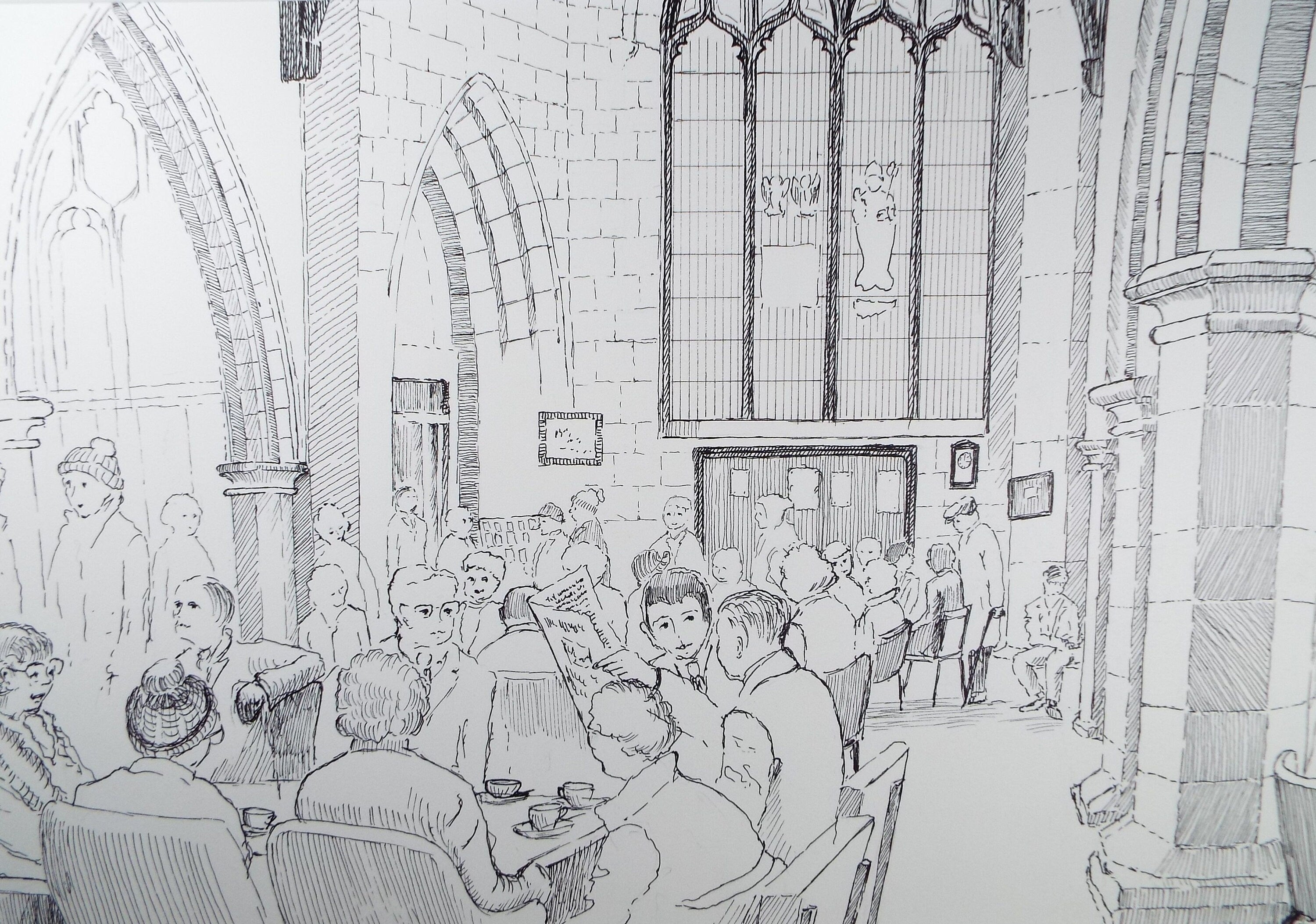 Original pen and ink, 'The Cathedral cafe', circa 1980, E F Heathfield