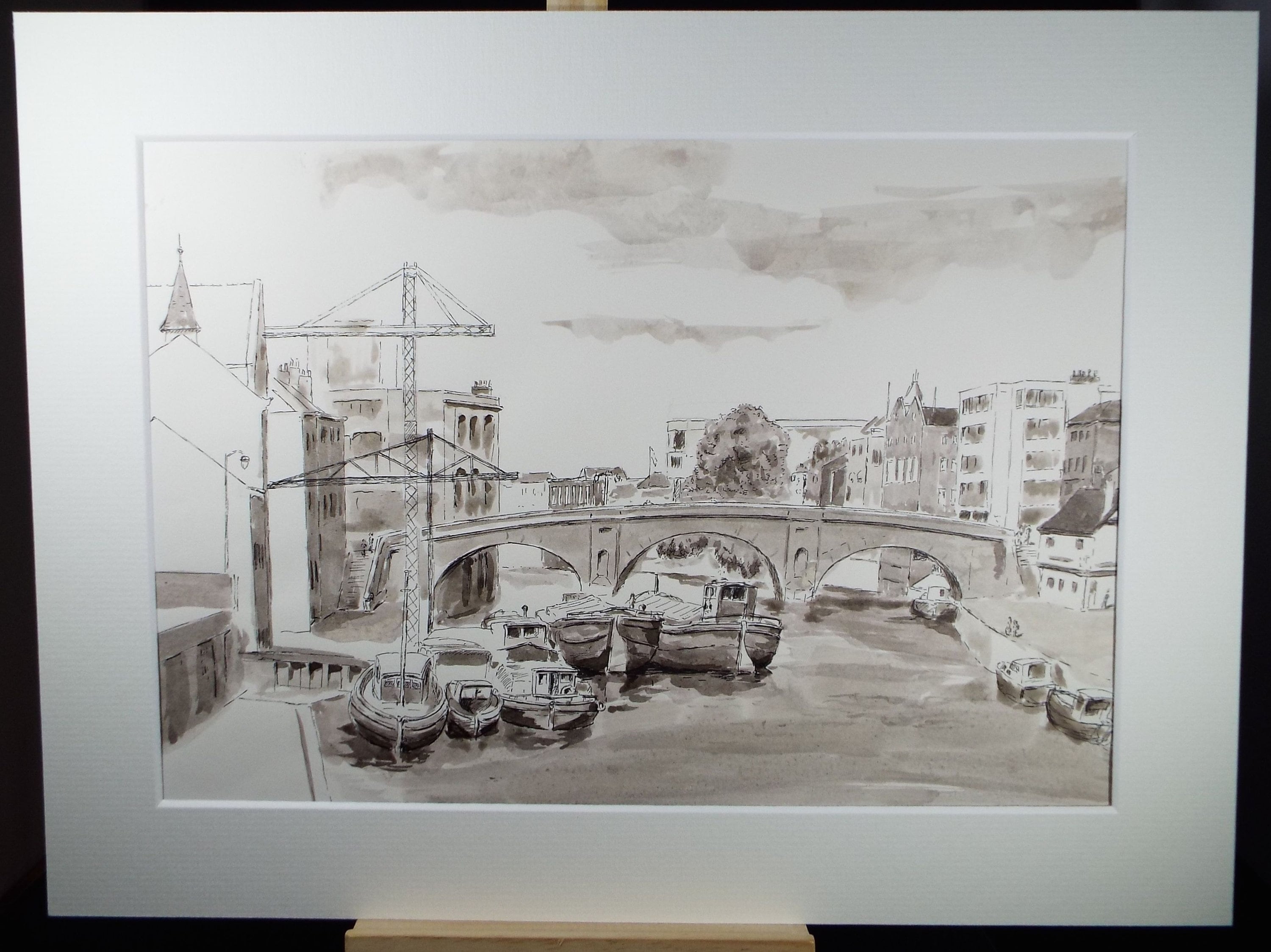 Original ink & wash, 'River through the town with barges, circa 1980, E F Heathfield