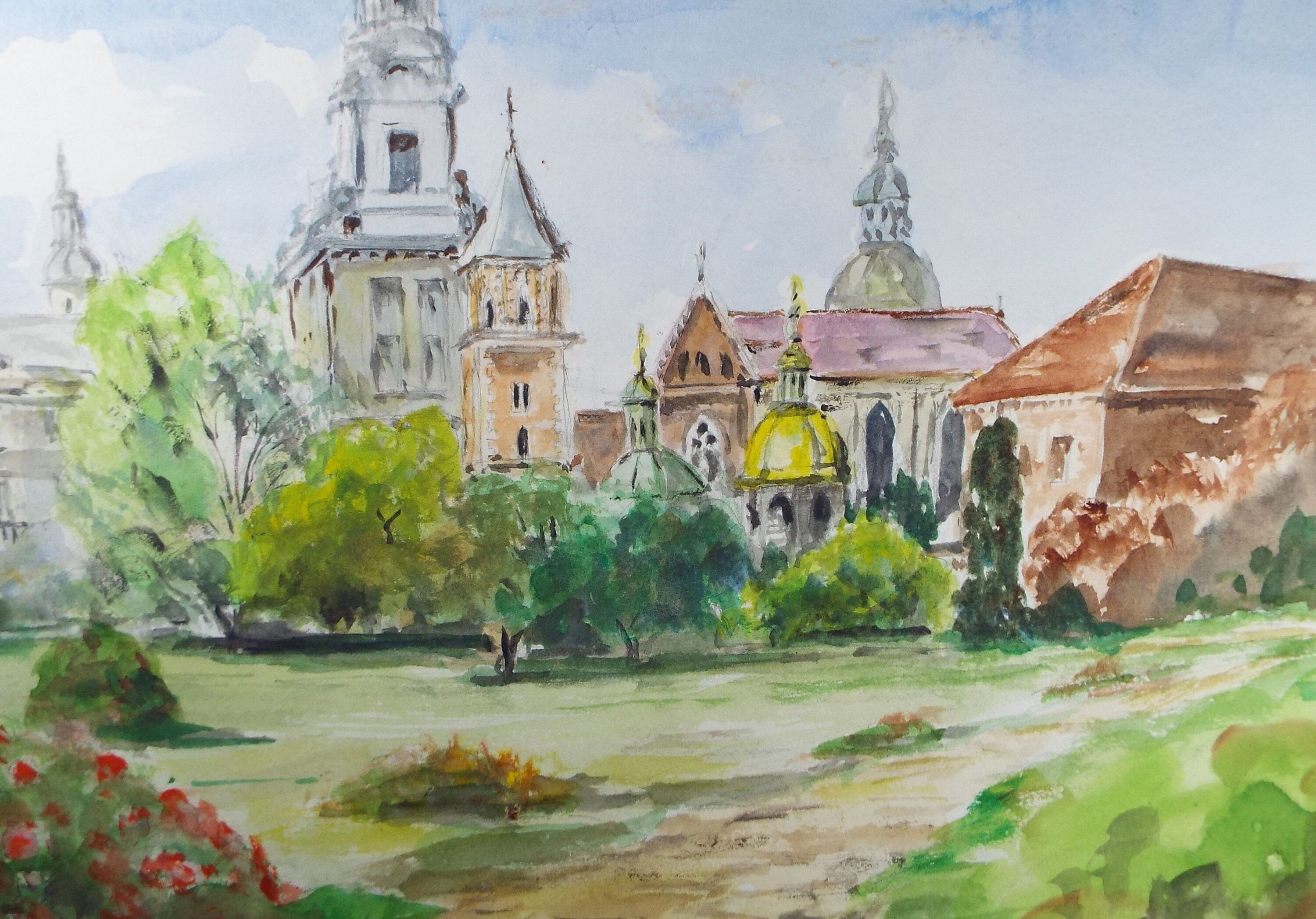 Original Watercolour, 'Krakow Cathedral', dated 1998, Artist Unknown