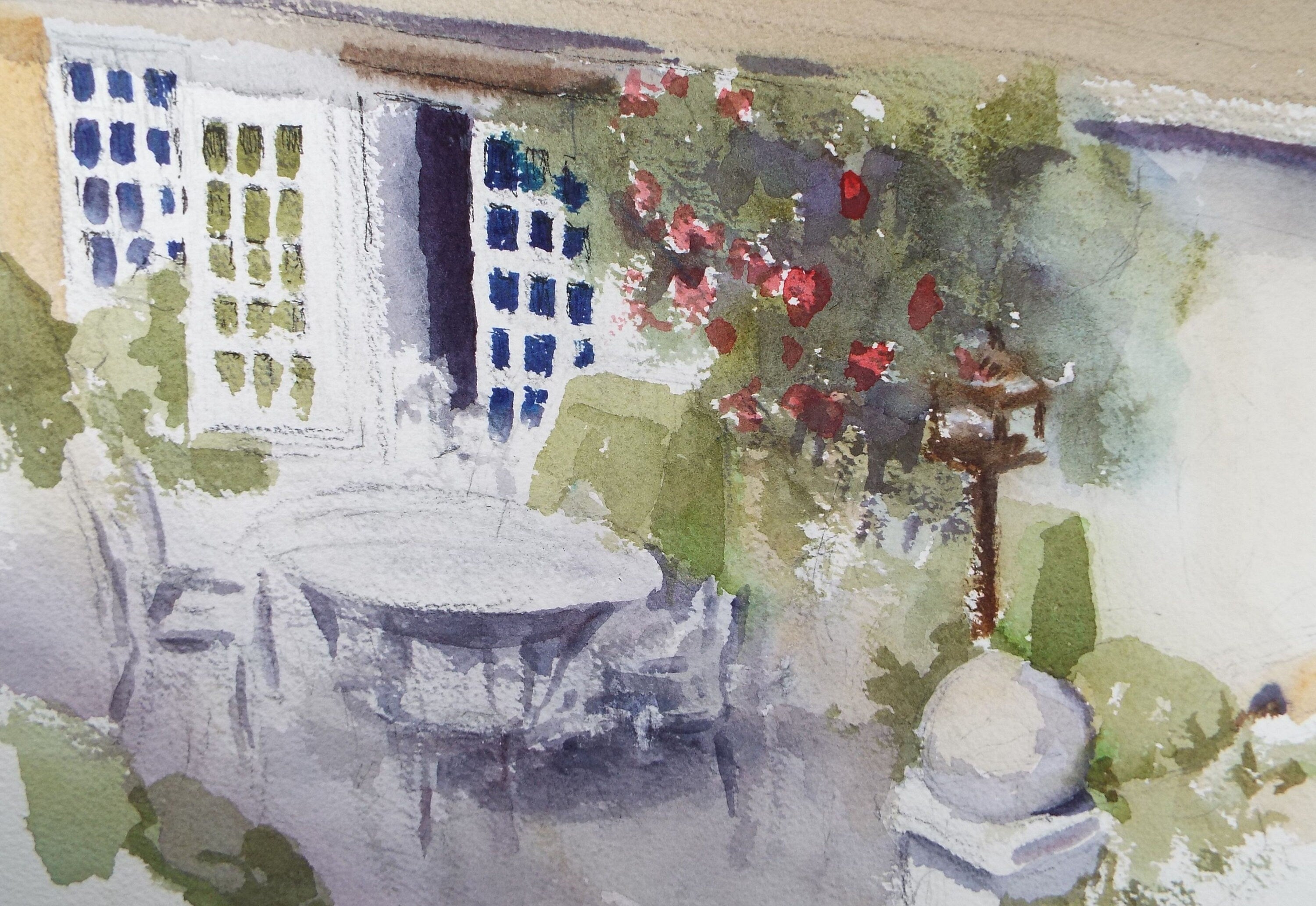 Original Watercolour on Paper, 'On the Terrace', Artist unknown, Circa 1990's