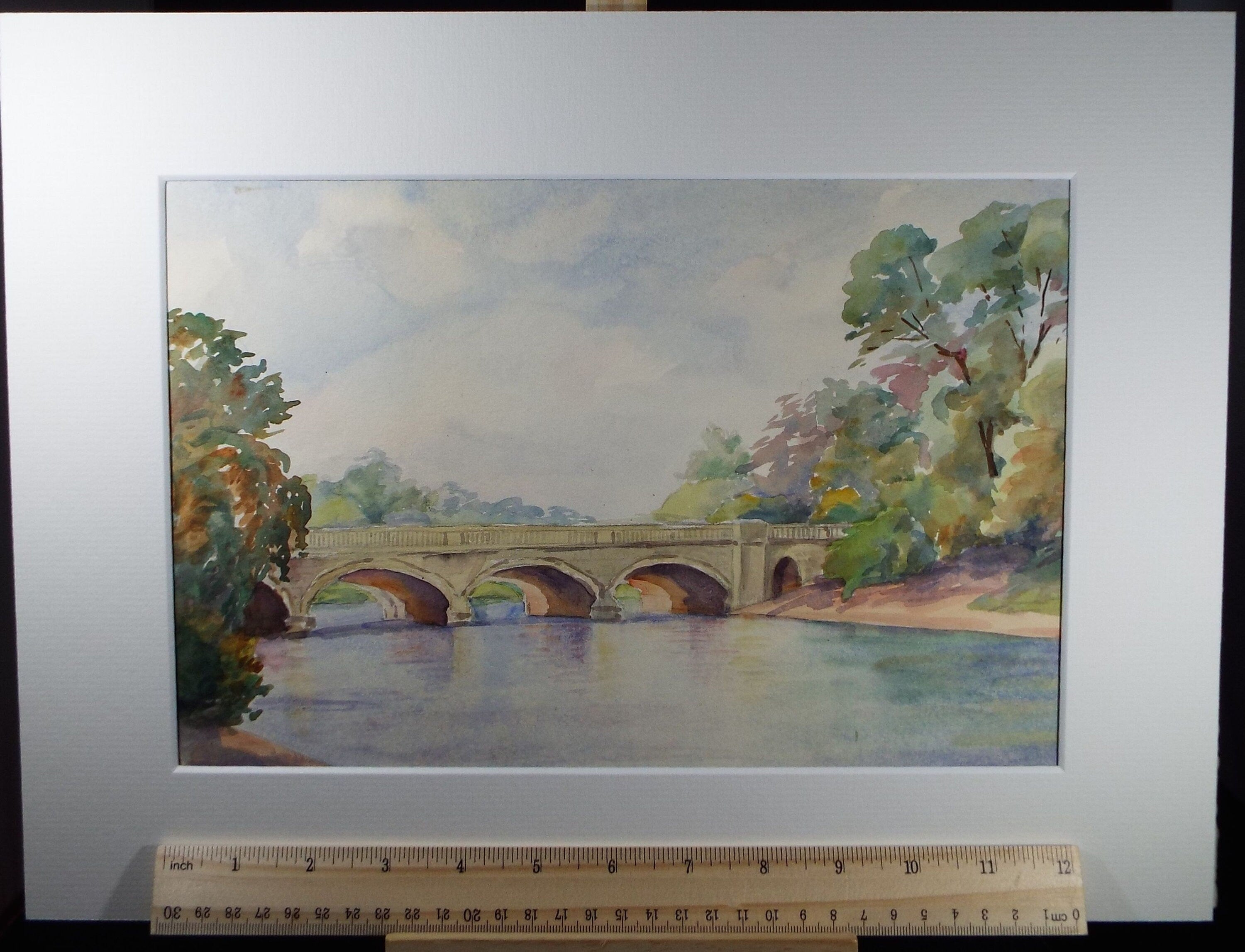 Original Watercolour 'Bridge over the lake', Mid 20th Century, Artist Unknown