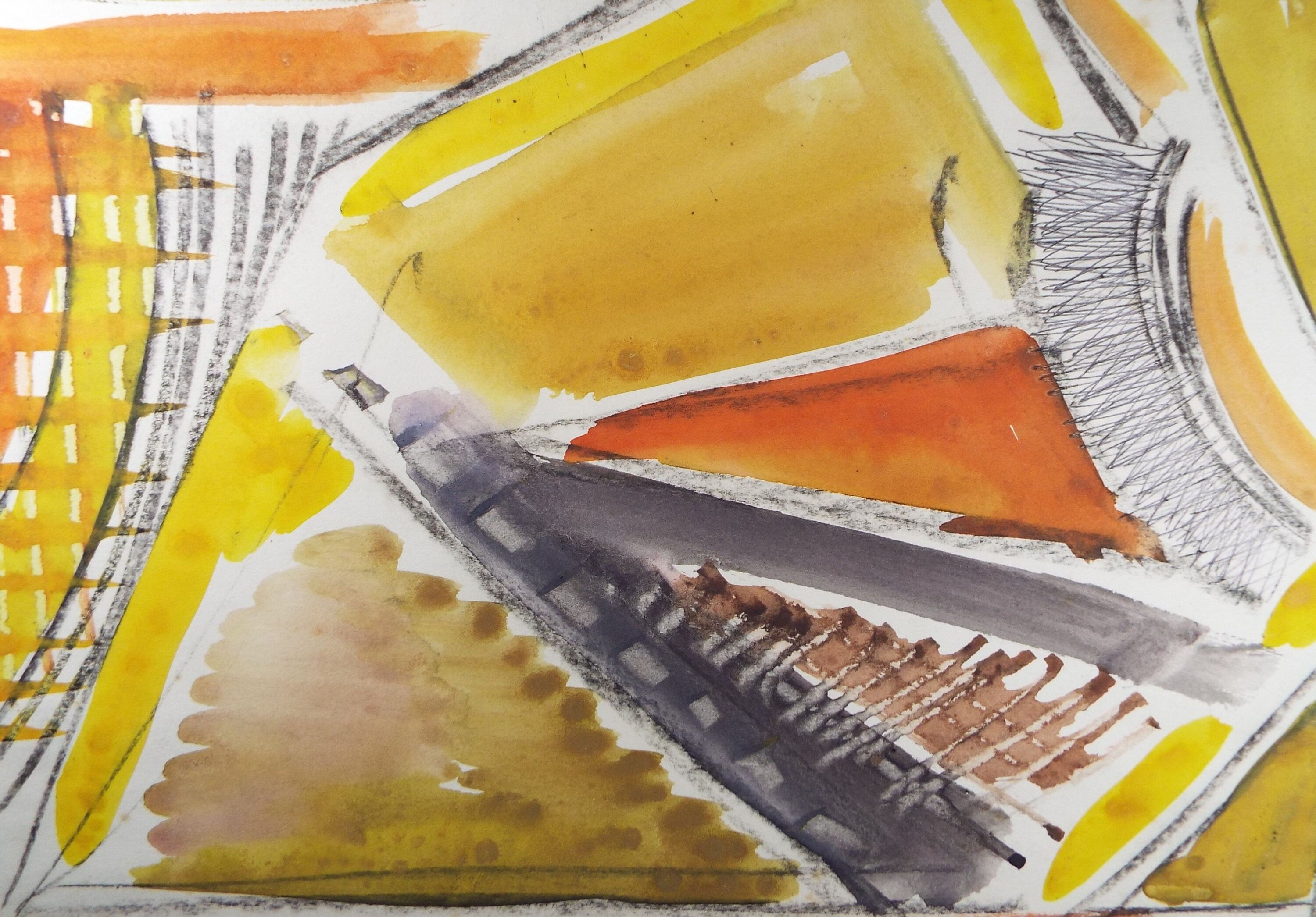 Original Watercolour, 'Abstract in Yellow and Orange', Mid 20th Century, Artist Unknown