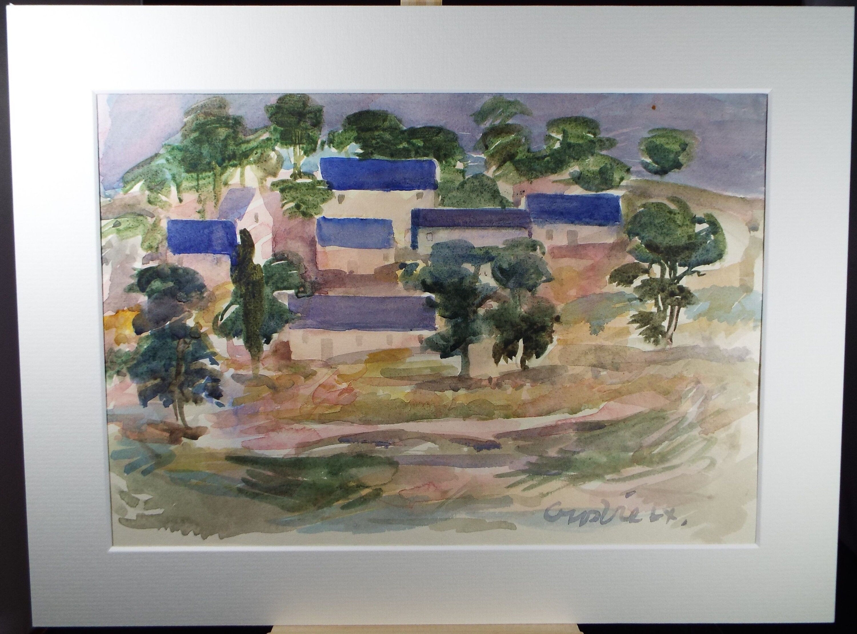 Original watercolour on paper, 'Blue roofed Spanish village', William Crosbie RSA, RGI (1915-1999), dated 1960.