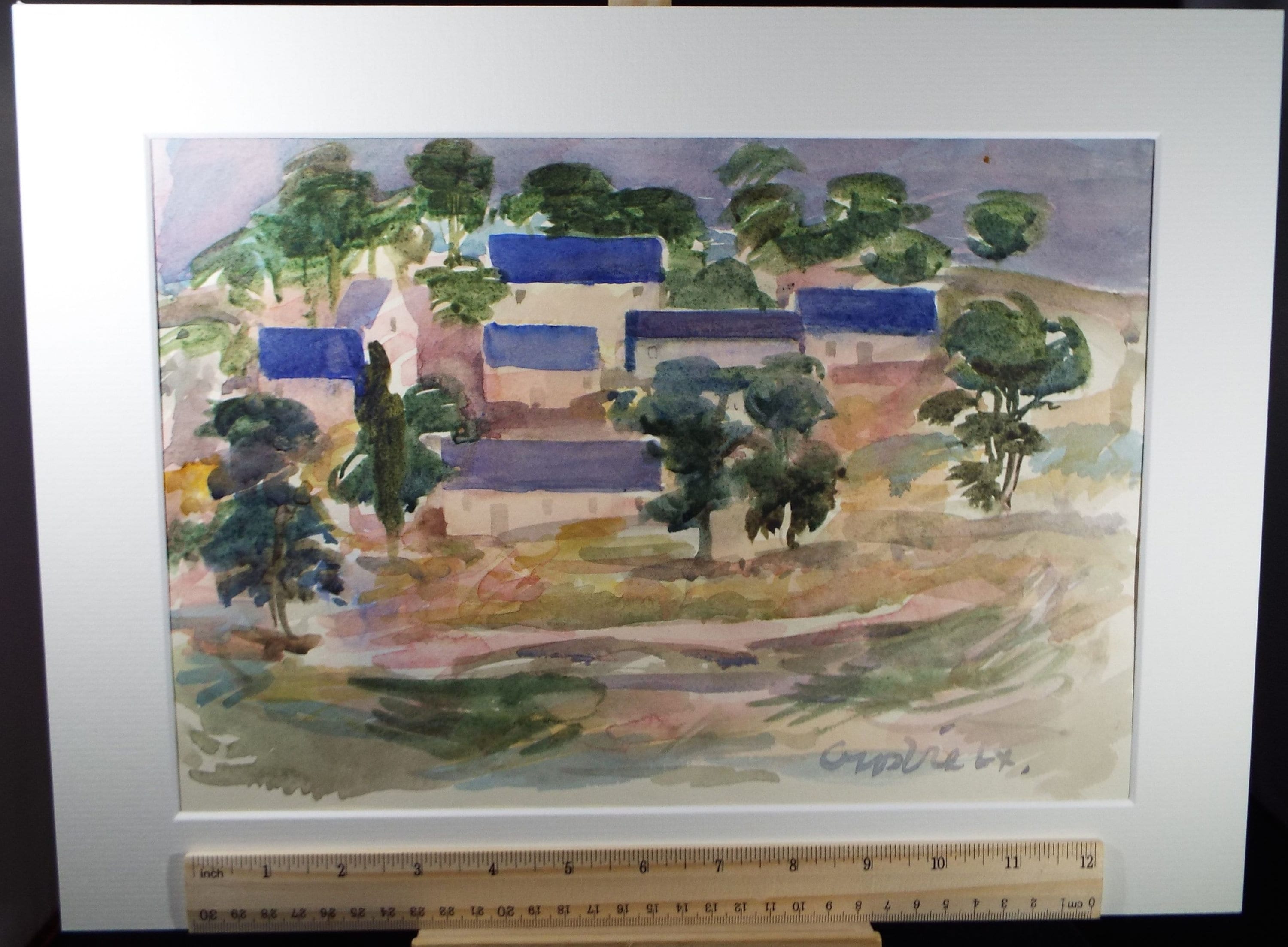 Original watercolour on paper, 'Blue roofed Spanish village', William Crosbie RSA, RGI (1915-1999), dated 1960.