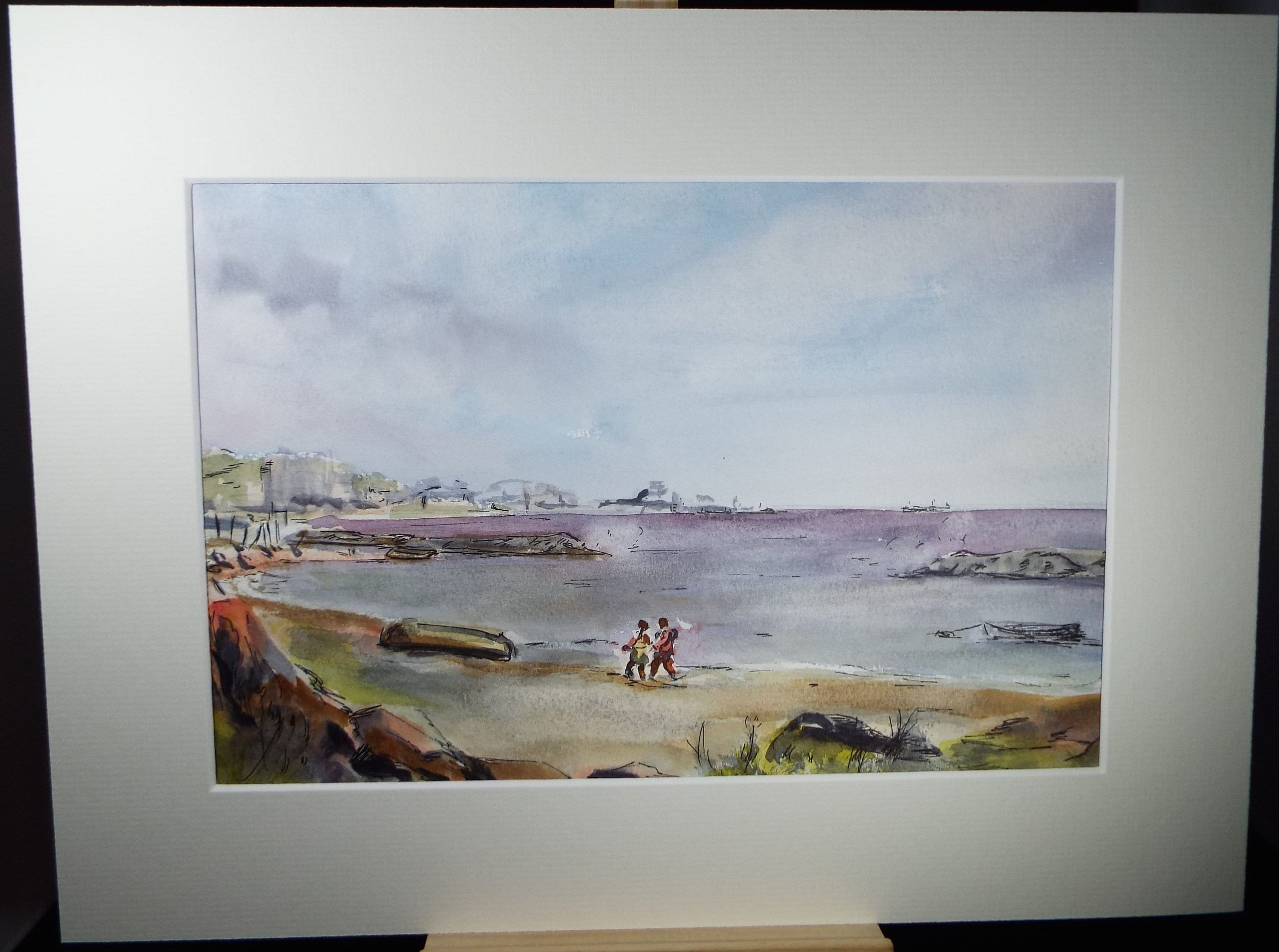 Original watercolour on paper, 'Figures on the Beach', circa 1990's, Artist Unknown