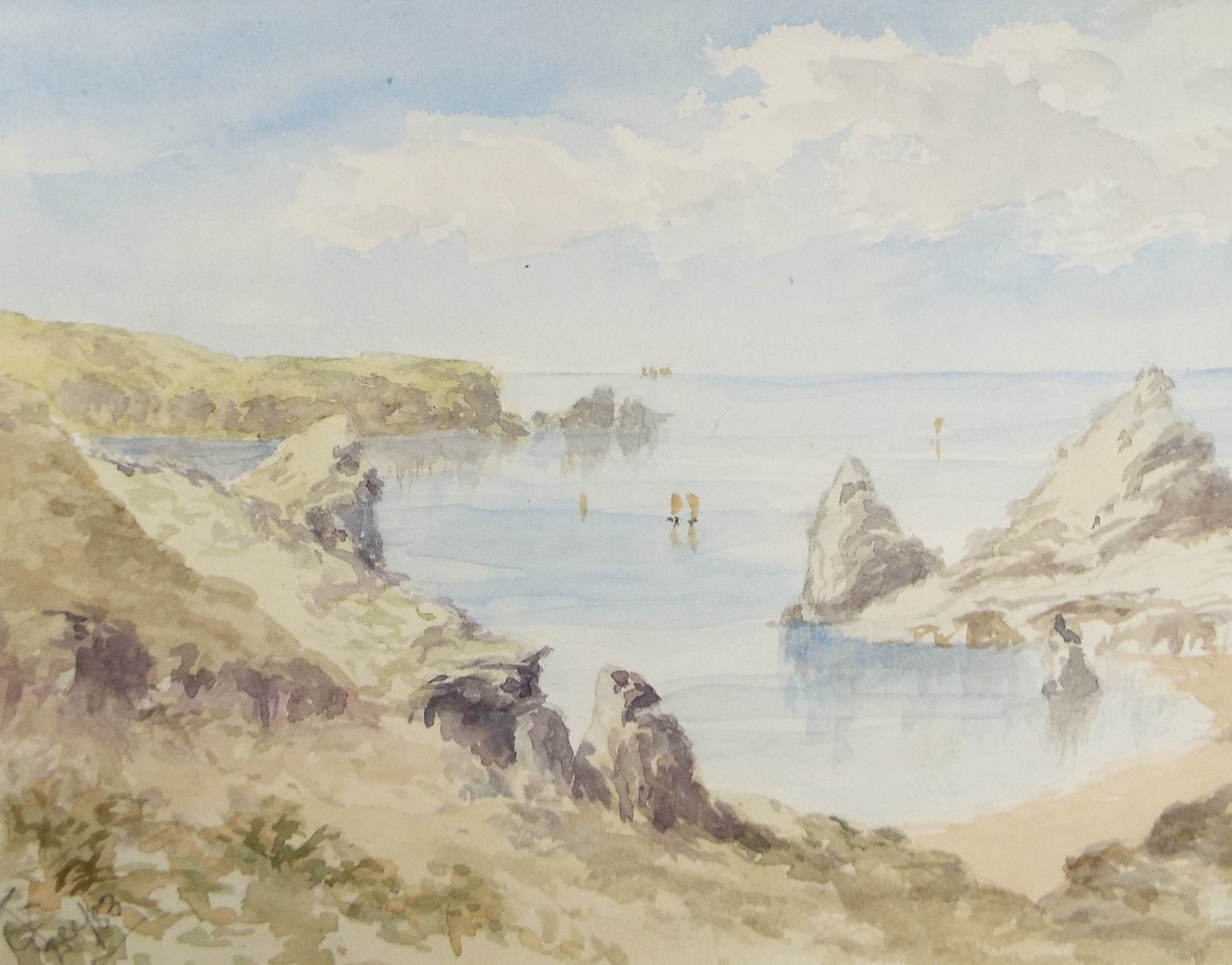 Original Watercolour, 'Rocky bay with Boats' , dated 1883, Monogram TCF