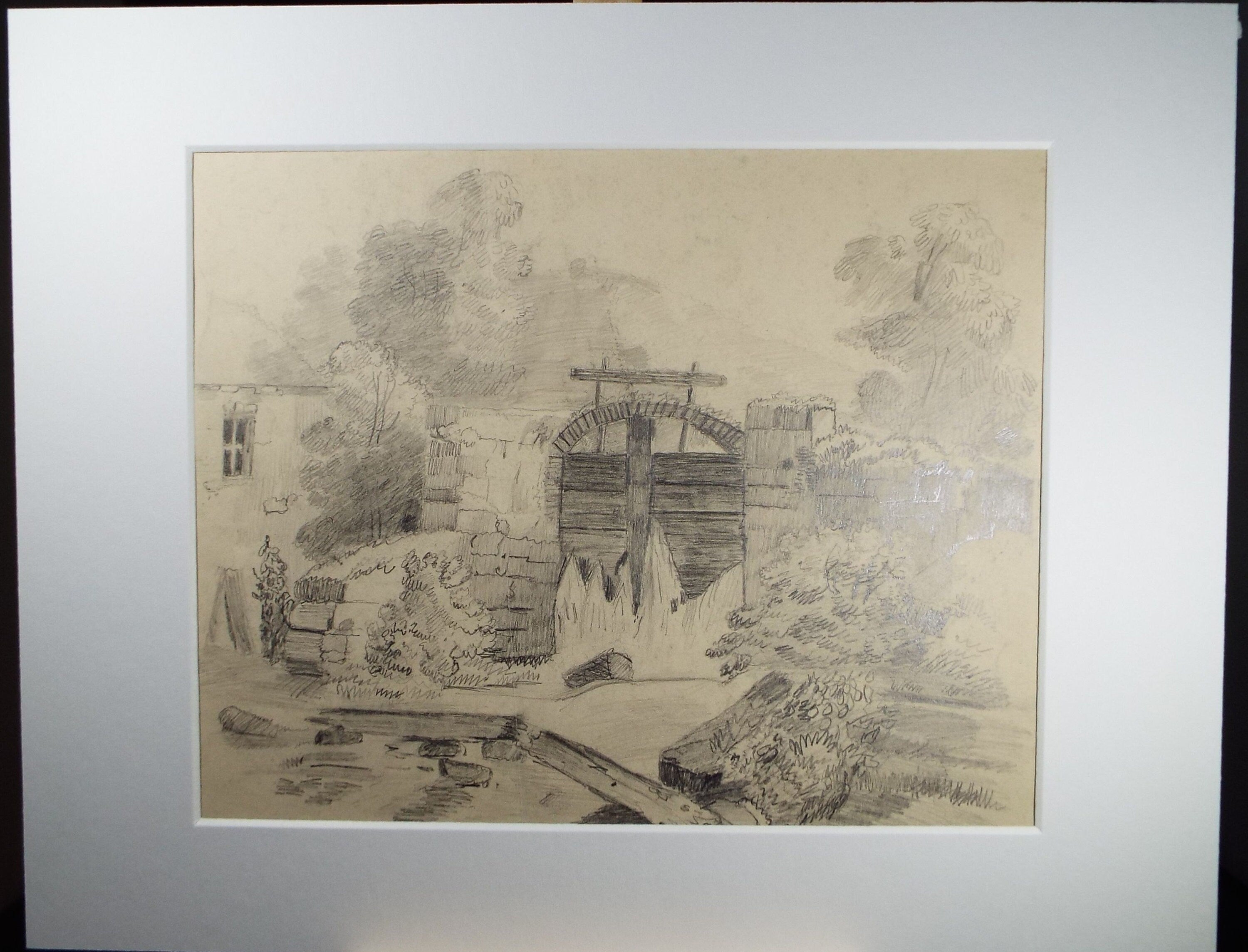 Original Pencil Drawing, 'Canal Sluice', Late 19th Century, Artist Unknown