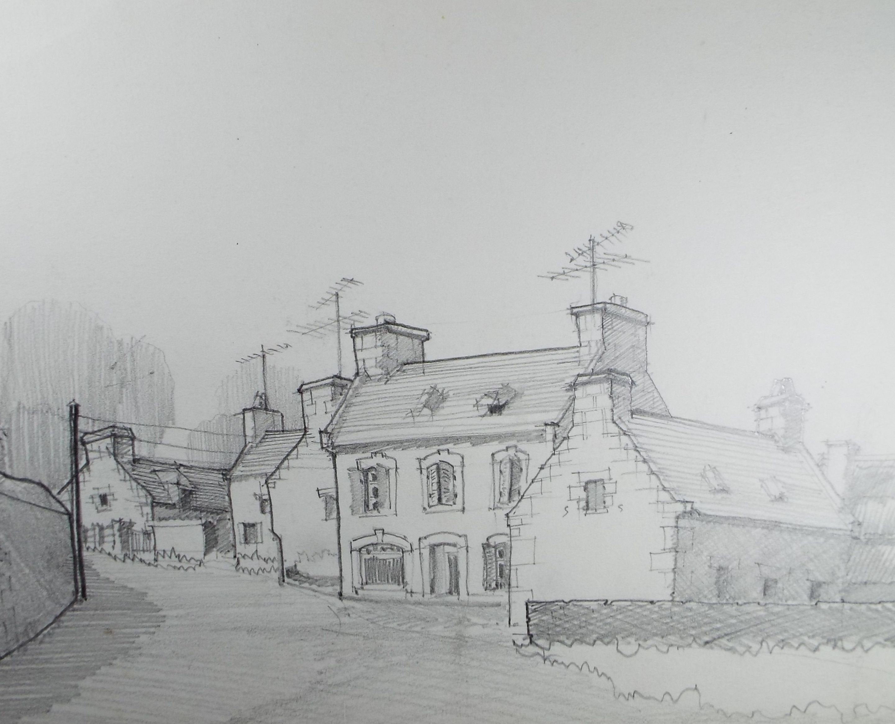 Original Pencil Drawing, 'Street with housing' , Circa 1990's, Artist unknown