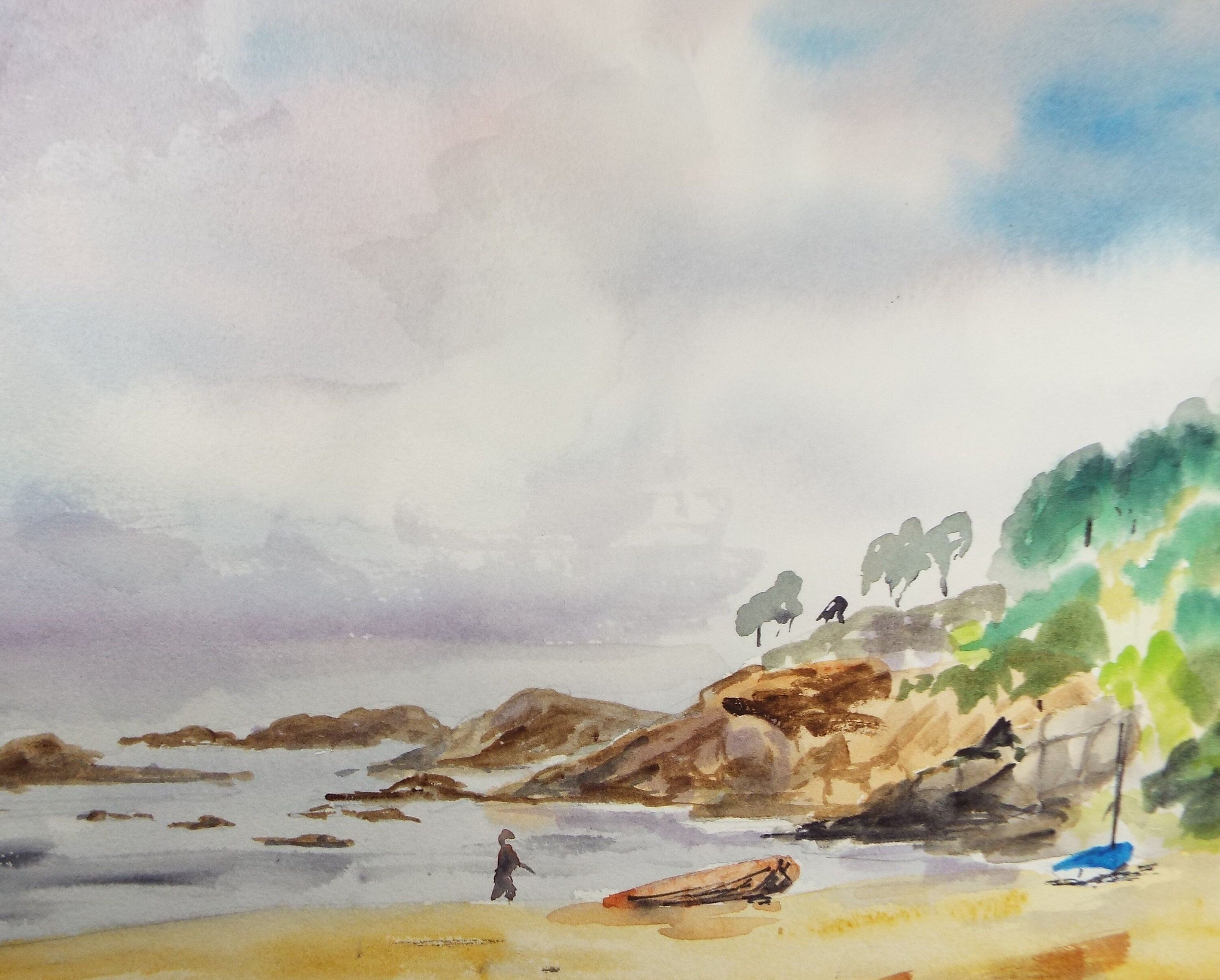 Original watercolour on paper, 'Figures on the Beach', circa 1990's, Artist Unknown