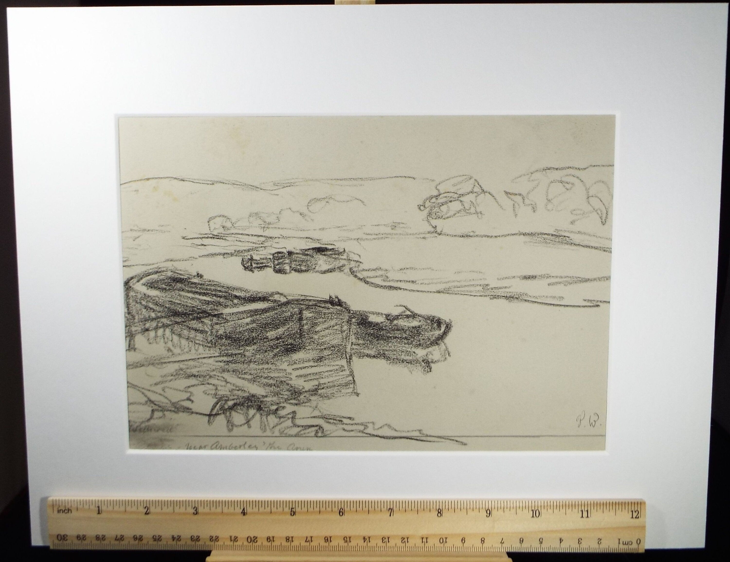 Original Conte Drawing, 'River Arun near Amberley', circa 1950's , initialled P W