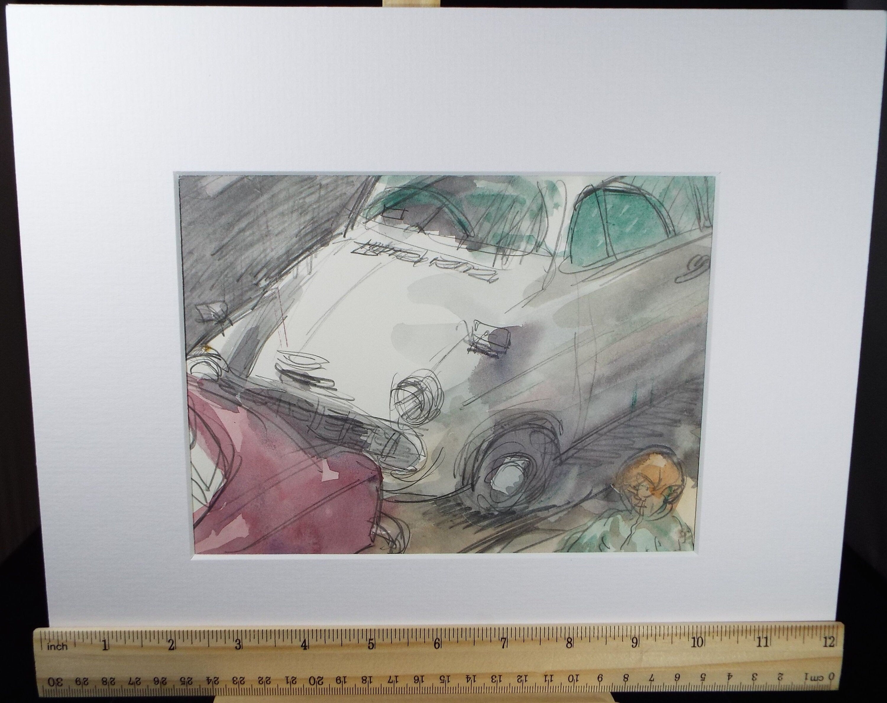 Original Watercolour, 'Ford Anglia with Figure', 1960's, William D Clyne (1922-1981)