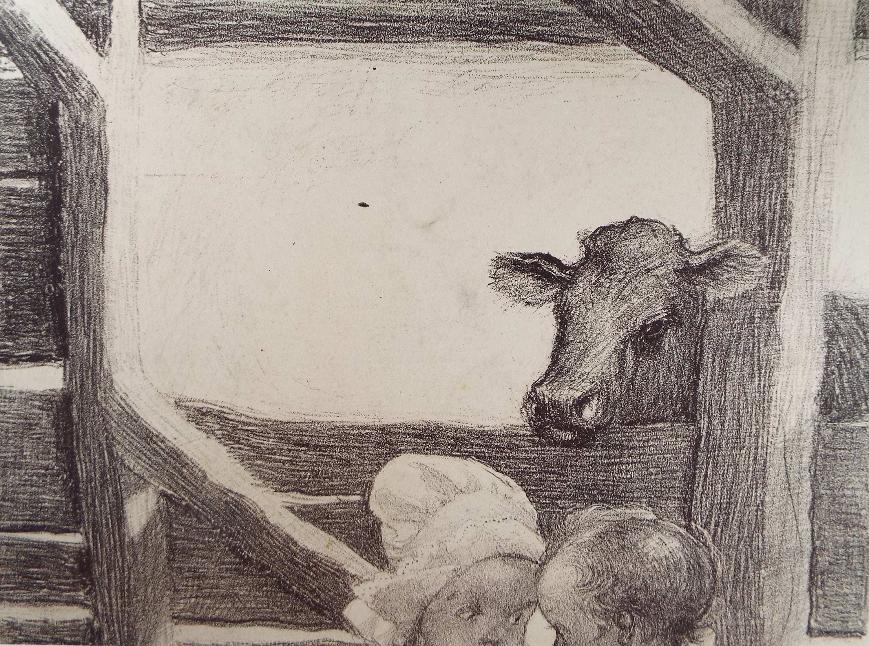 Original Pencil Drawing, 'Two children and a Cow', Susan Beatrice Pearce (1878-1980), Circa 1910