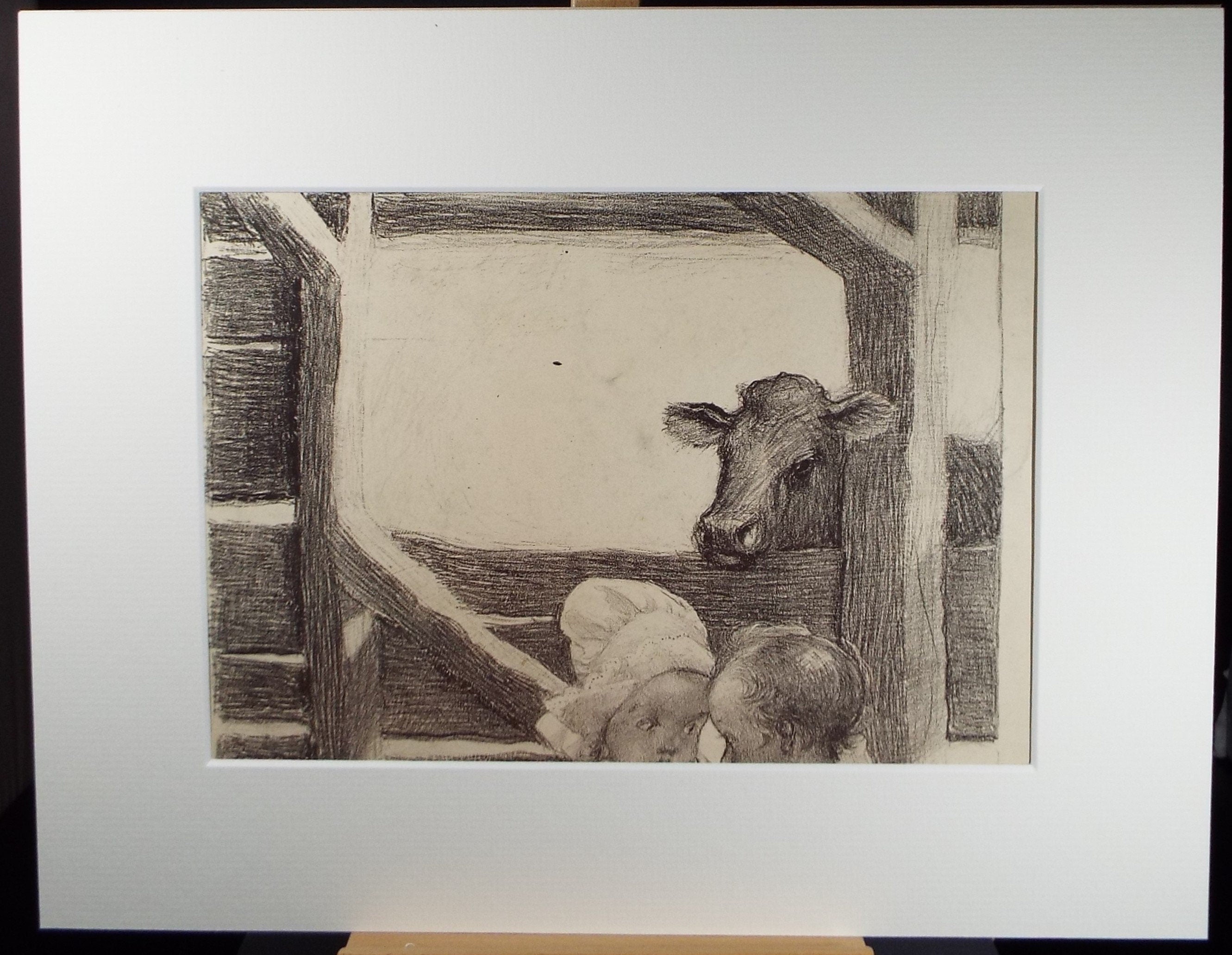 Original Pencil Drawing, 'Two children and a Cow', Susan Beatrice Pearce (1878-1980), Circa 1910