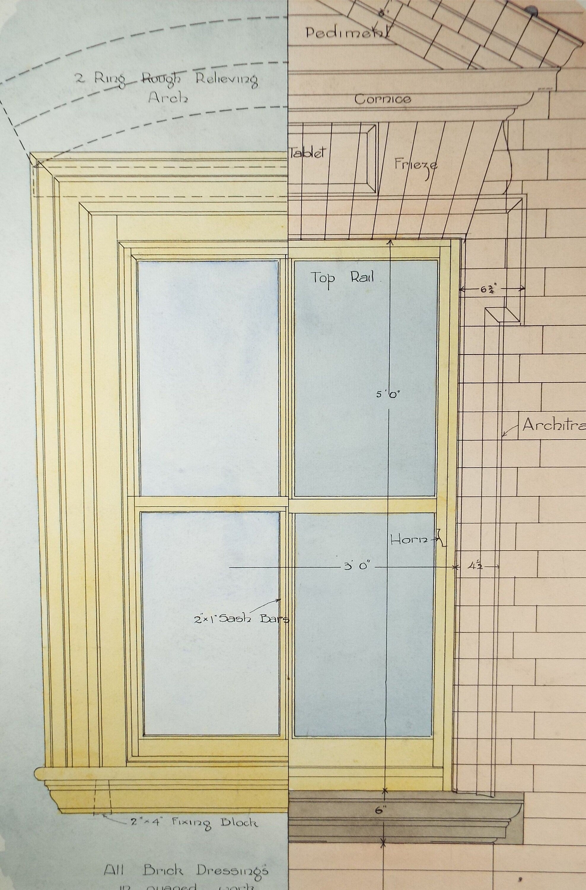 Original Watercolour,'Technical Drawing of a Sash Window', Circa 1930's