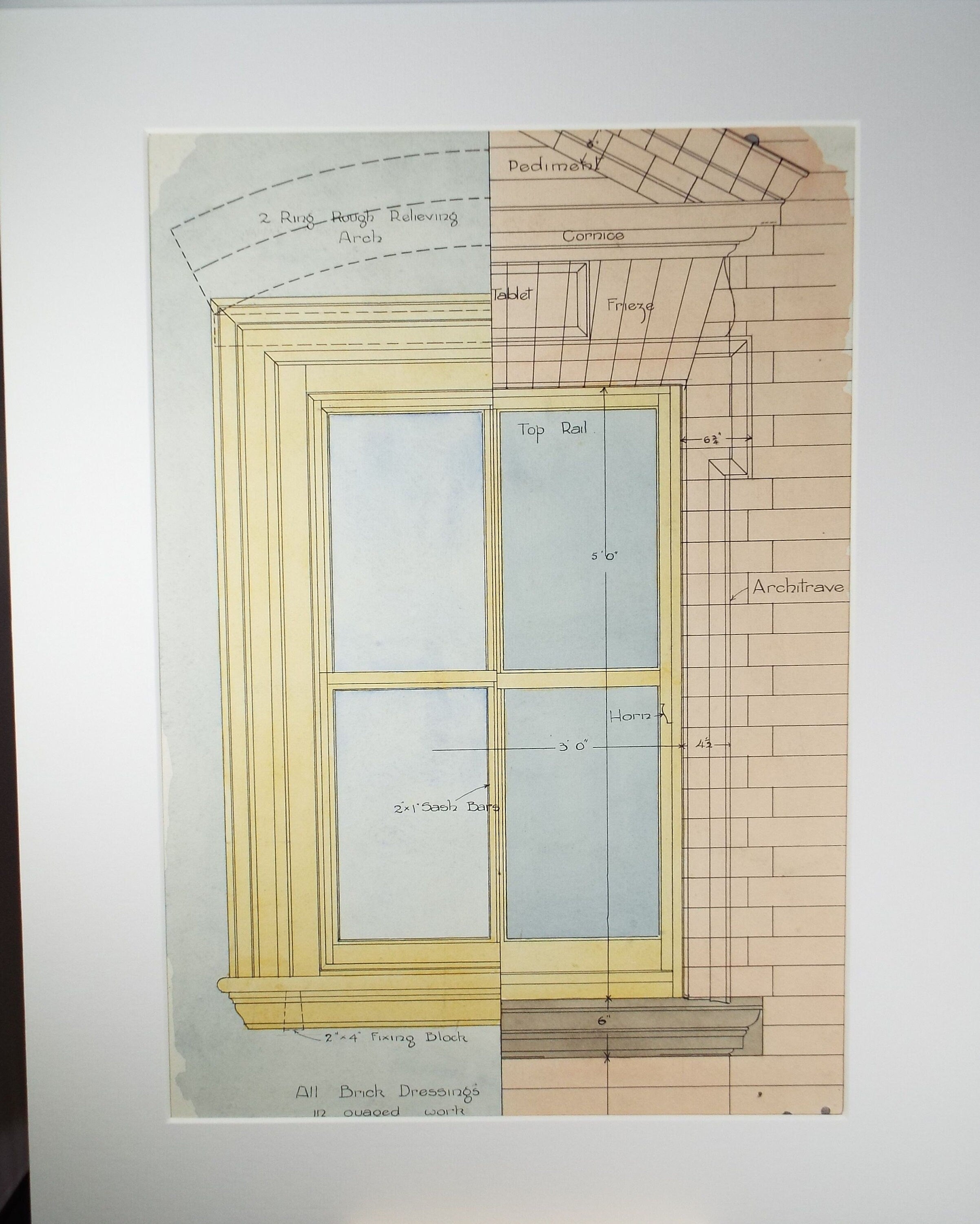 Original Watercolour,'Technical Drawing of a Sash Window', Circa 1930's