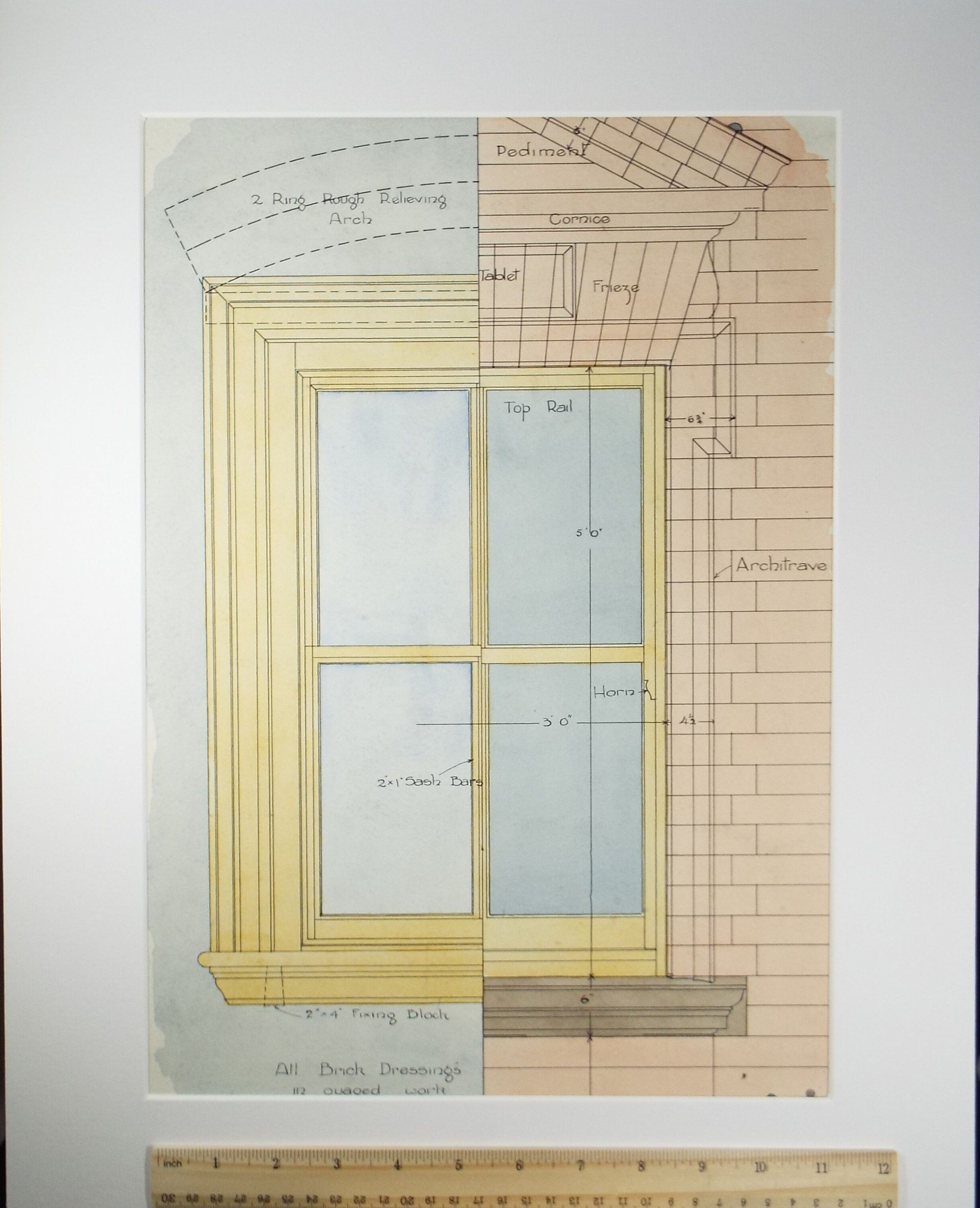 Original Watercolour,'Technical Drawing of a Sash Window', Circa 1930's